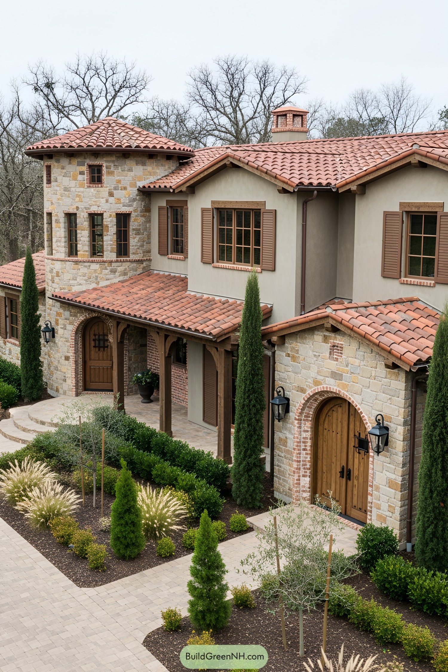 Elegant Tuscan house with terracotta roof and stone accents