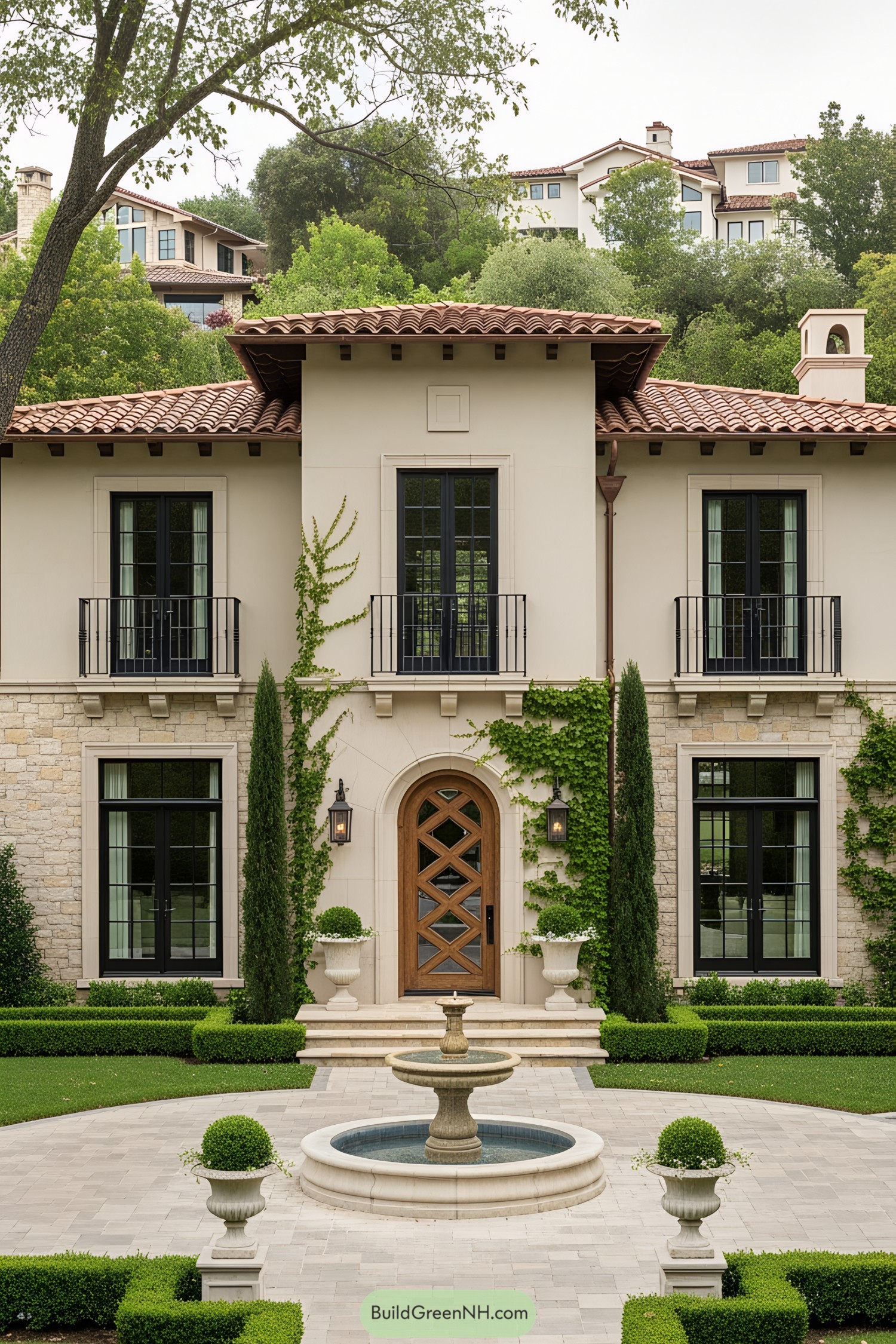 Elegant Tuscan house with towering trees and a charming courtyard