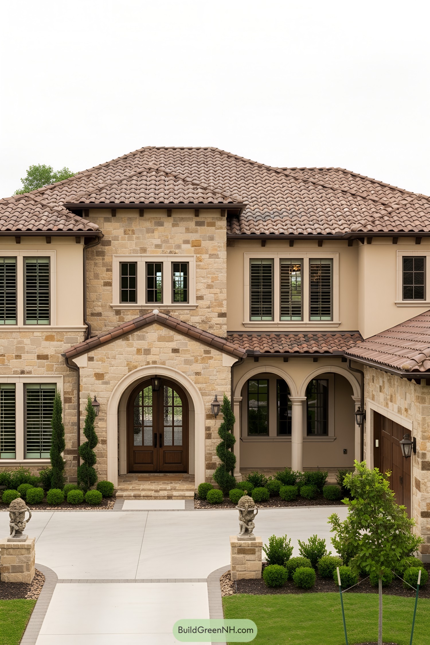 Charming stone-clad Tuscan-style house with arched windows and lush greenery
