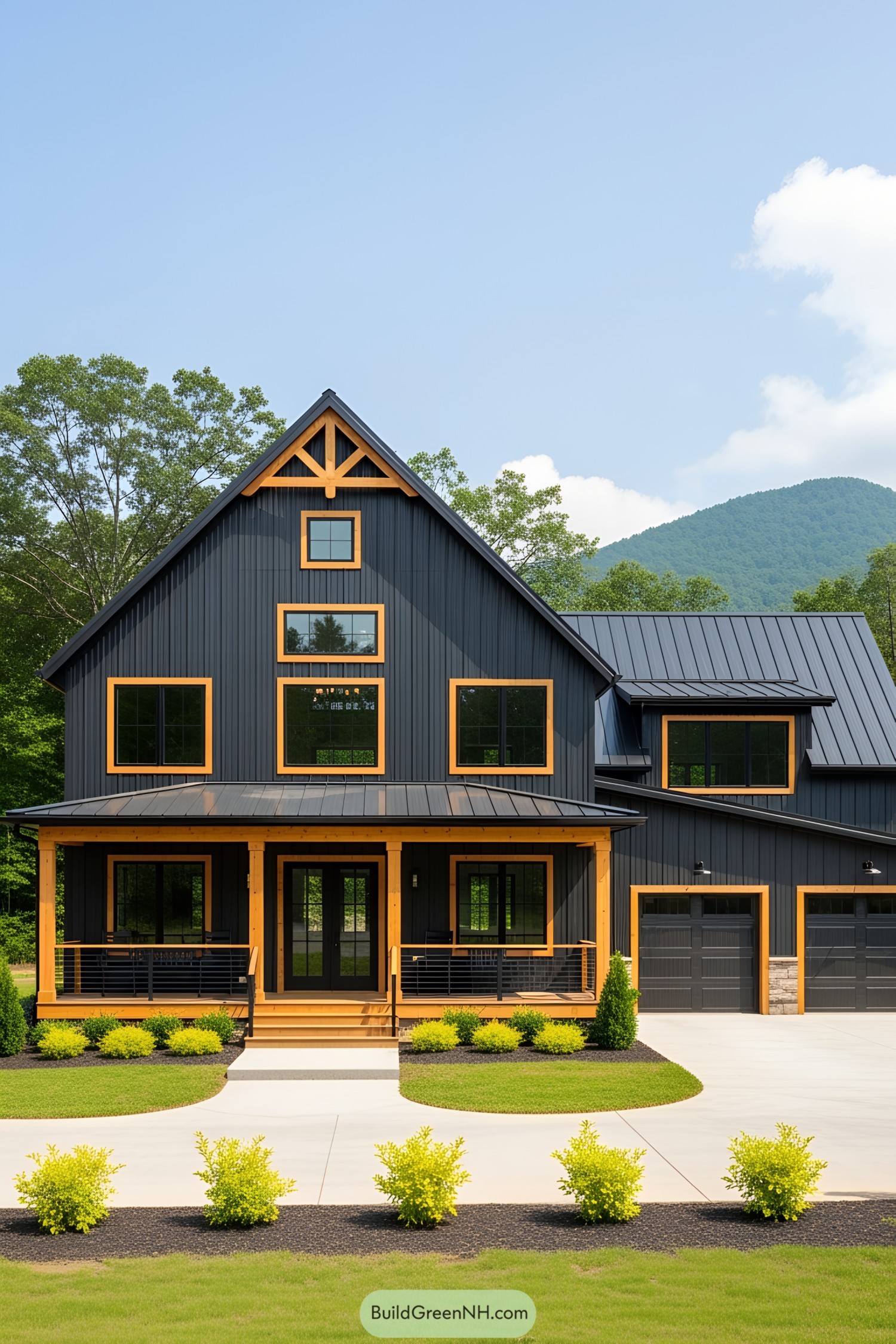 Two-story barndominium with wooden highlights