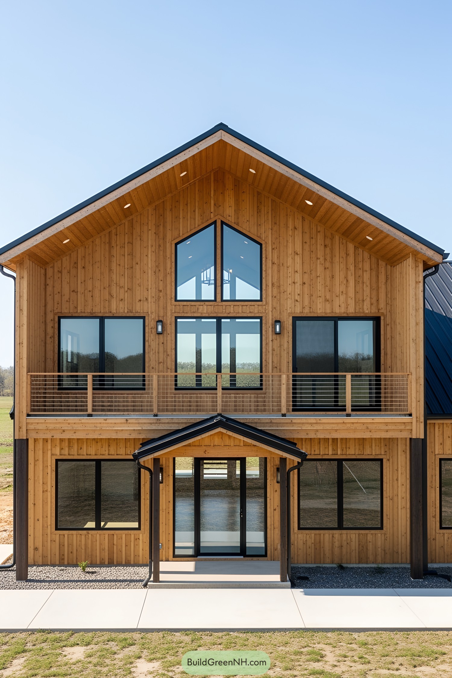 Modern two-story wooden barndominium with large windows