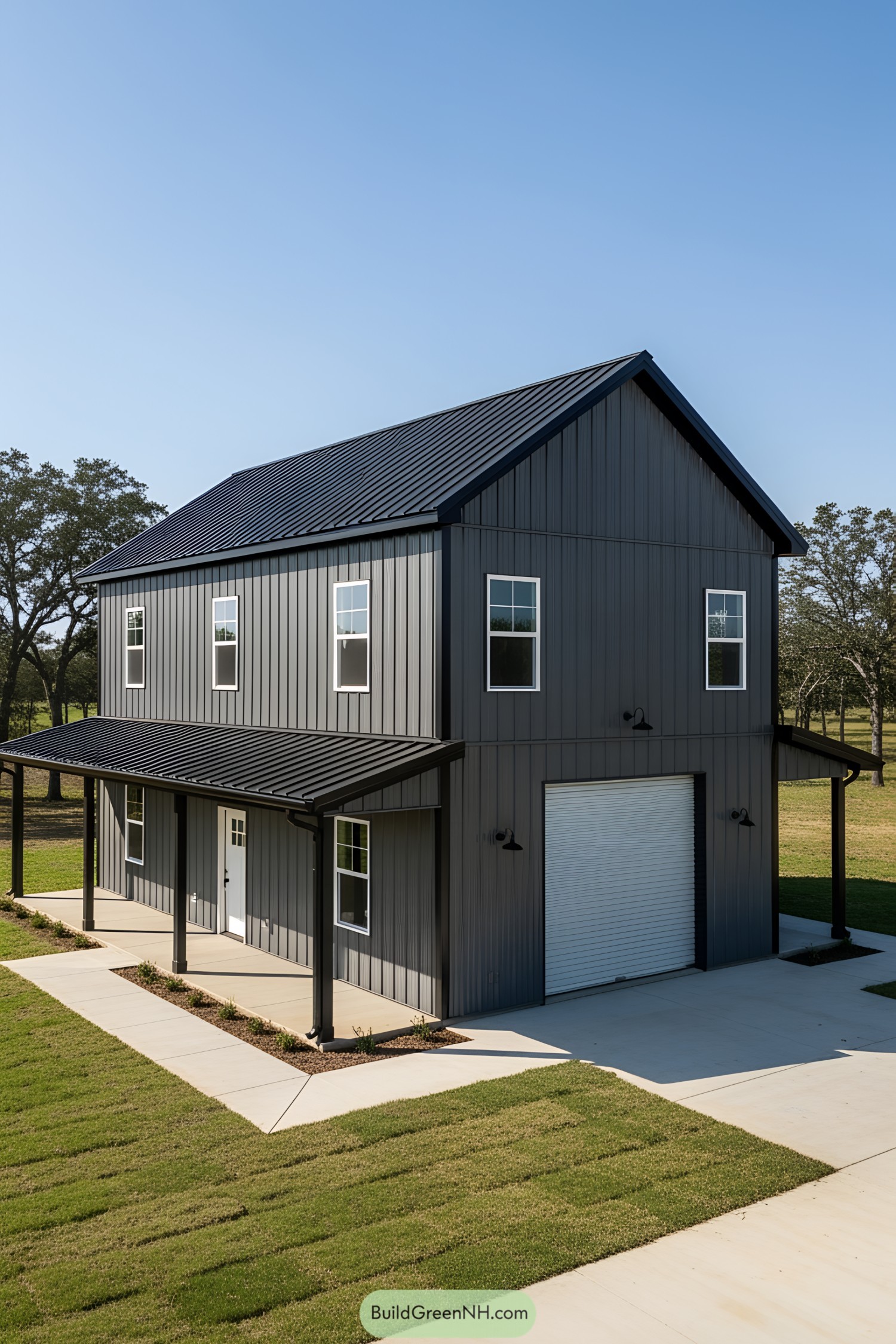 Modern two-story barndominium with sleek exterior