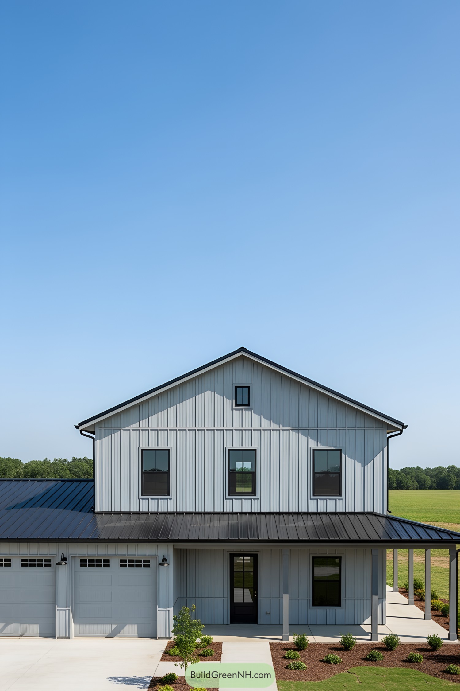 Modern two-story barndominium with a black roof and white siding
