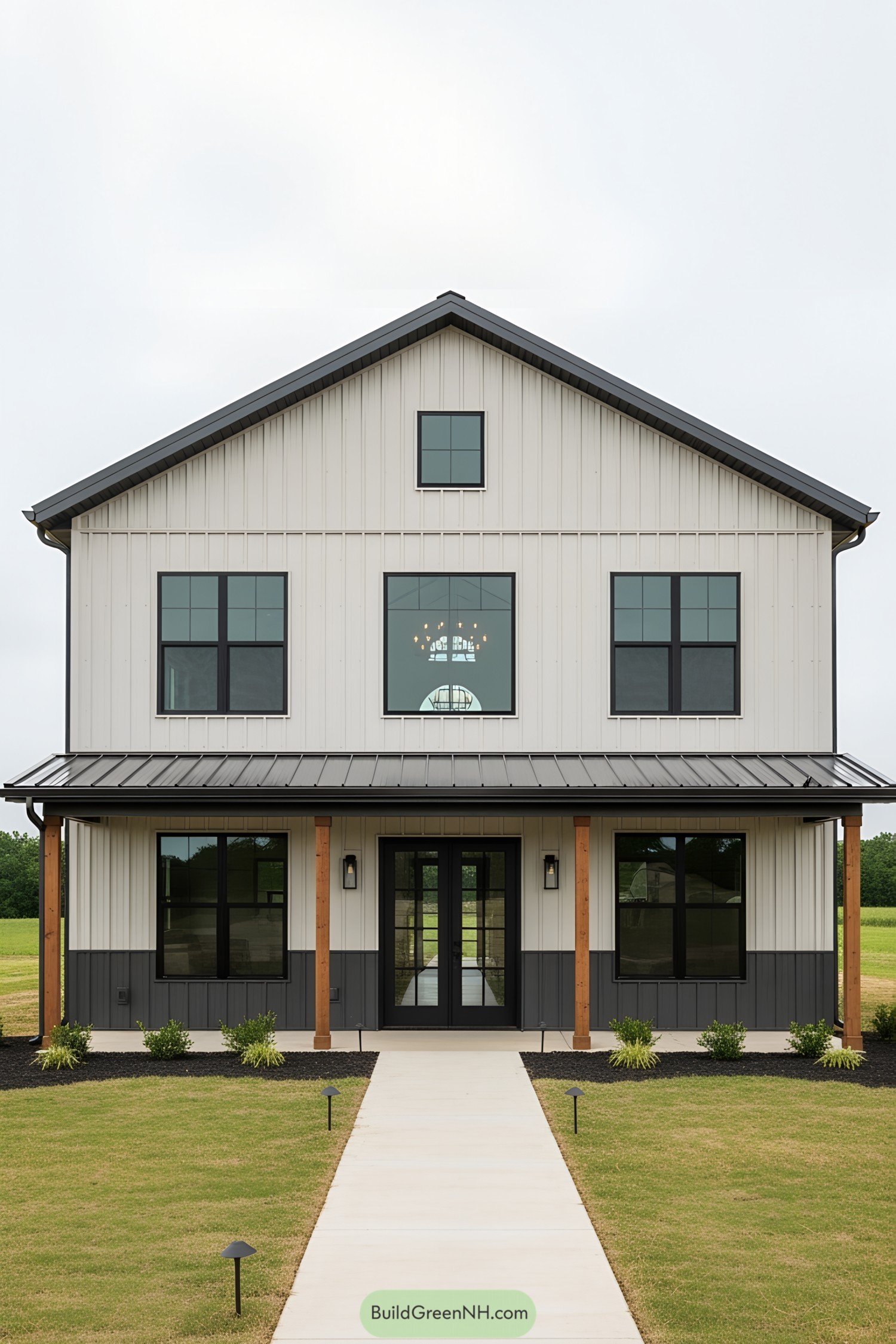 Chic two-story barndominium with a sprawling lawn
