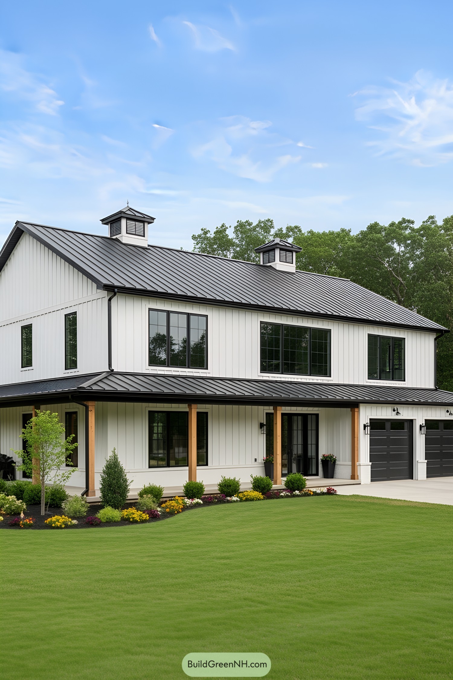 Modern white two-story barndominium with lush lawn