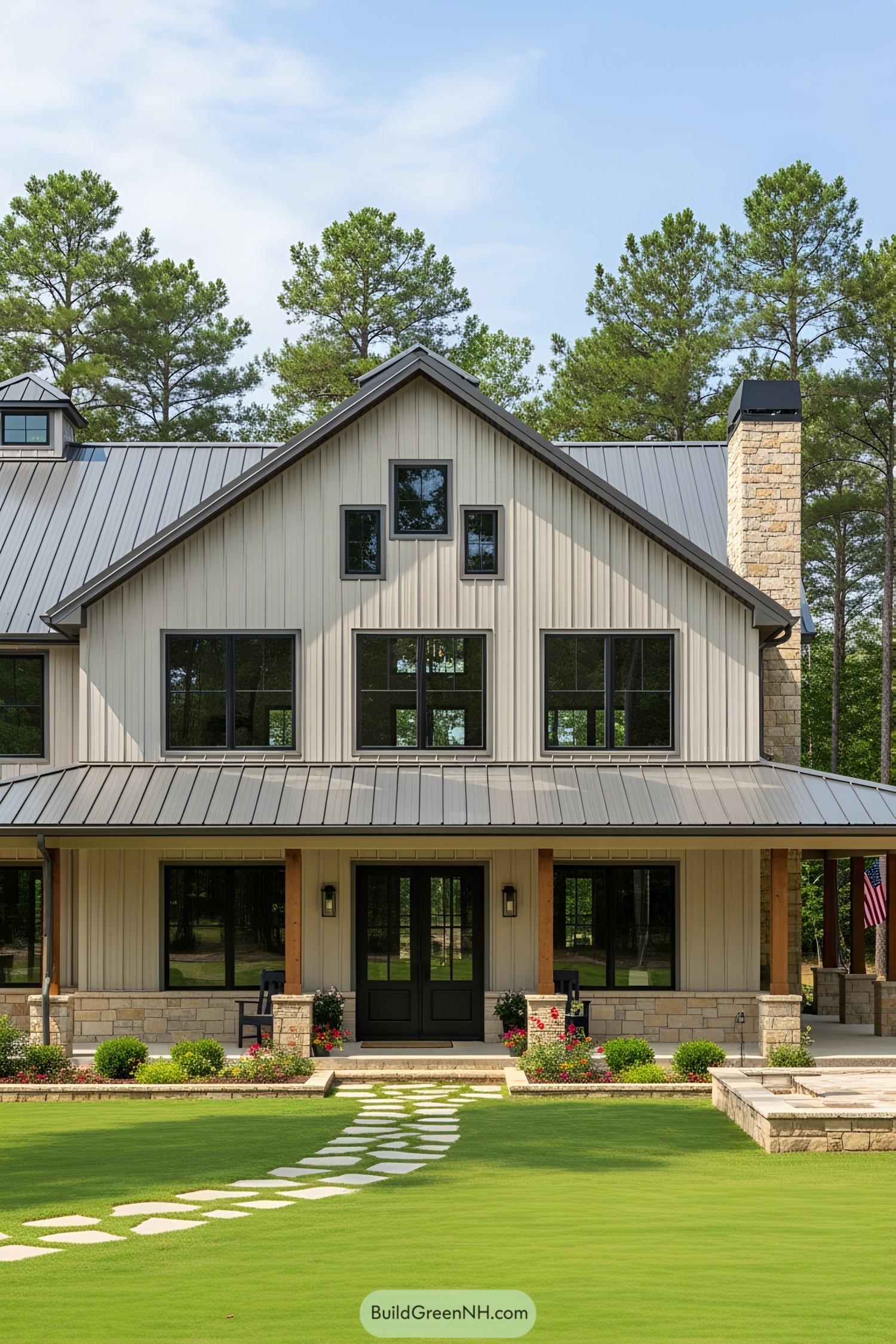 Two-story modern barndominium with large windows and green lawn
