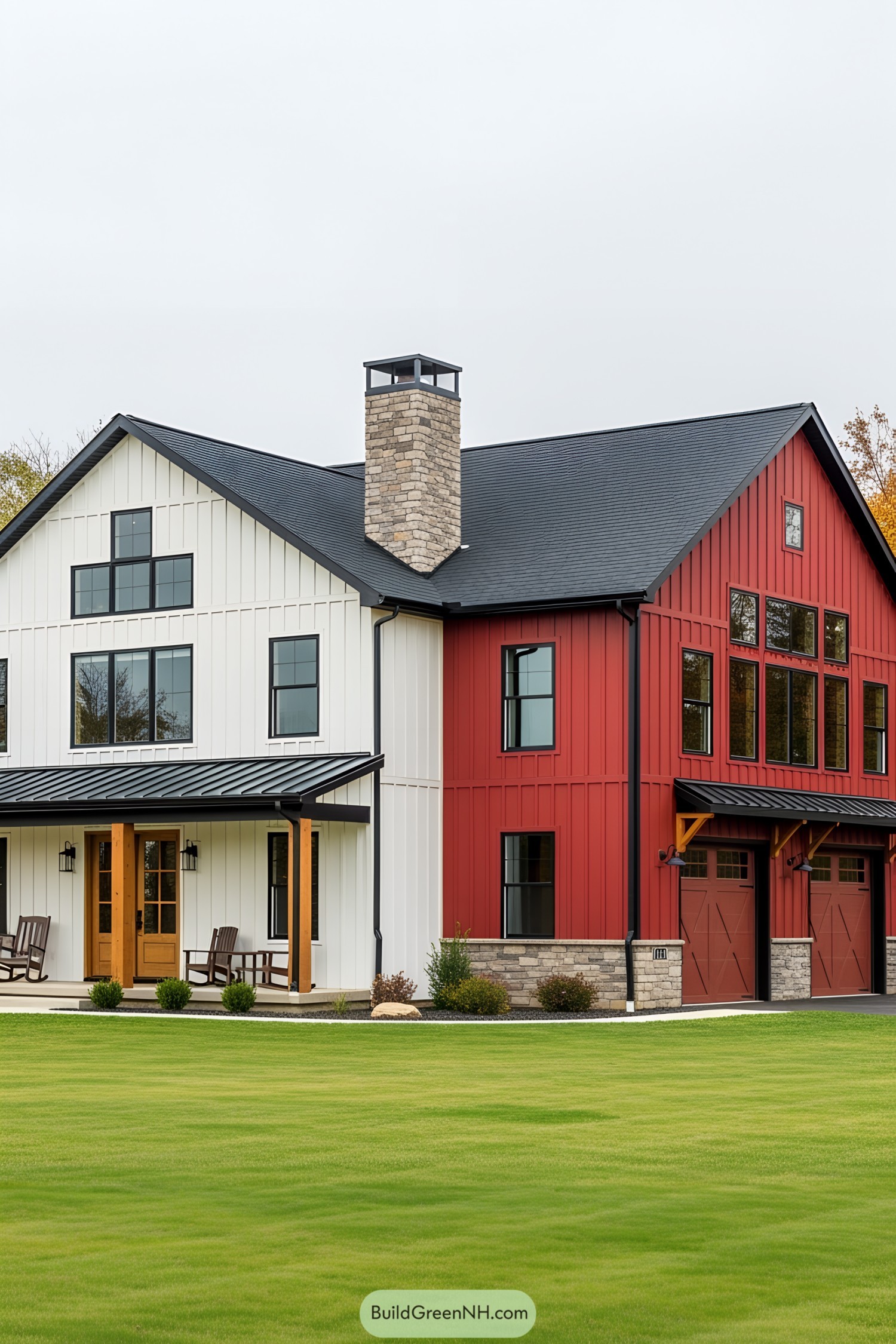Two-story barndominium with red and white siding