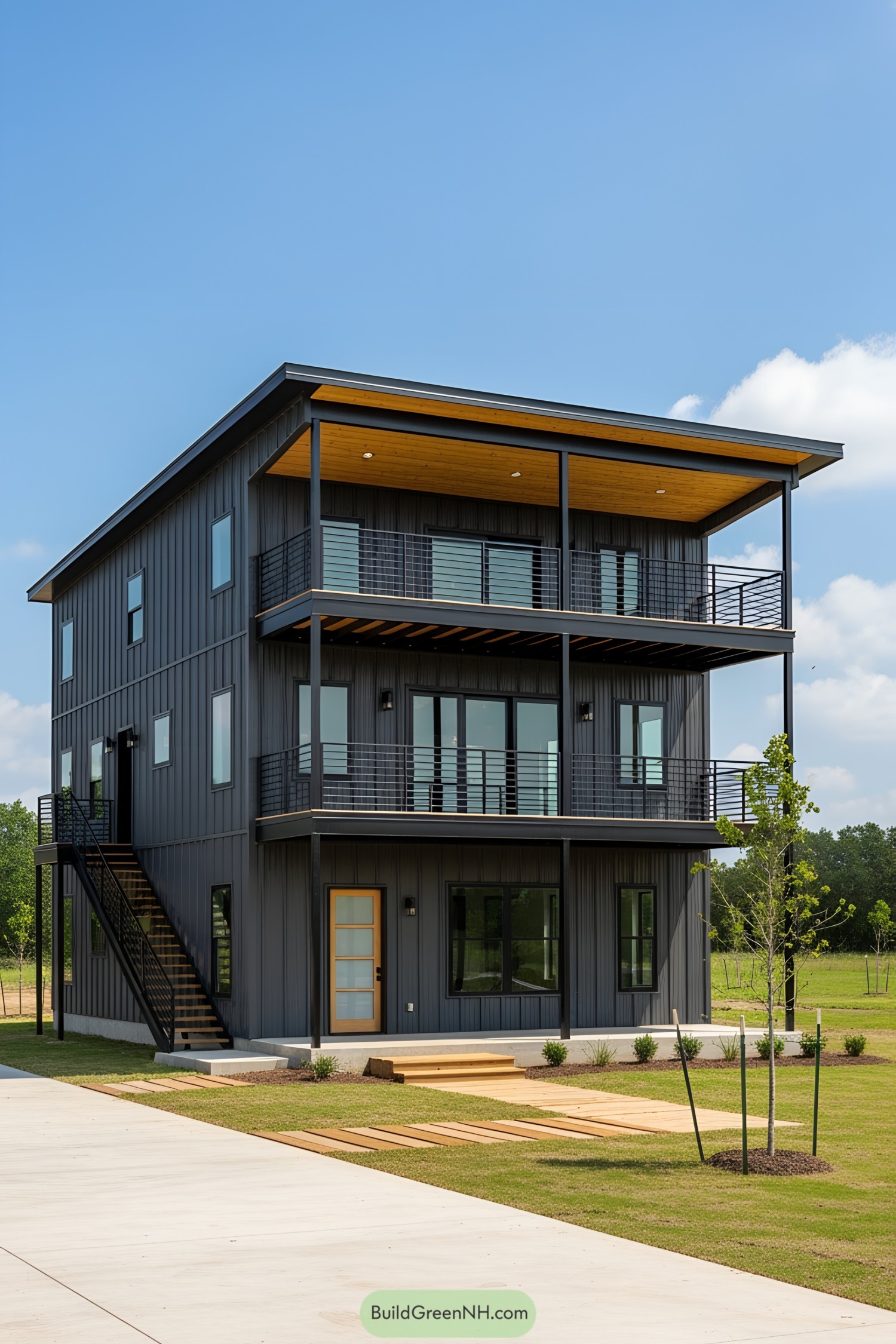 Modern three-story barndominium with sleek design and spacious balconies