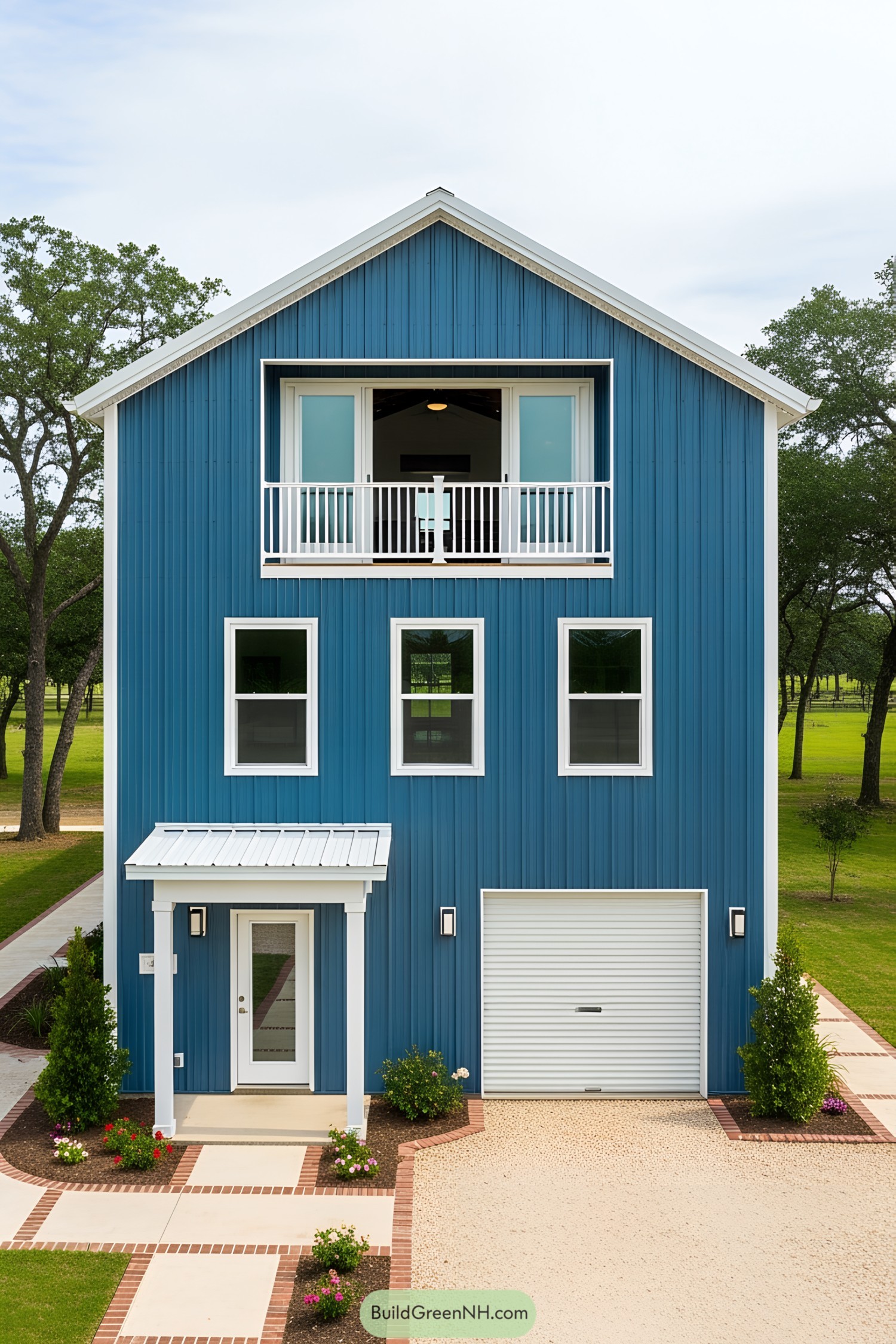 Bright blue two-story barndominium with a garage and balcony