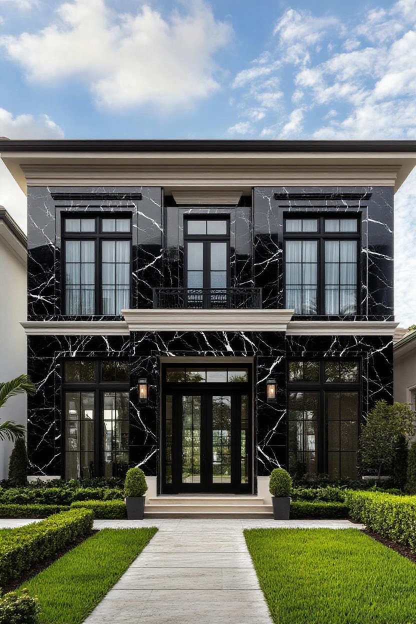 change house siding to black marble with white veins