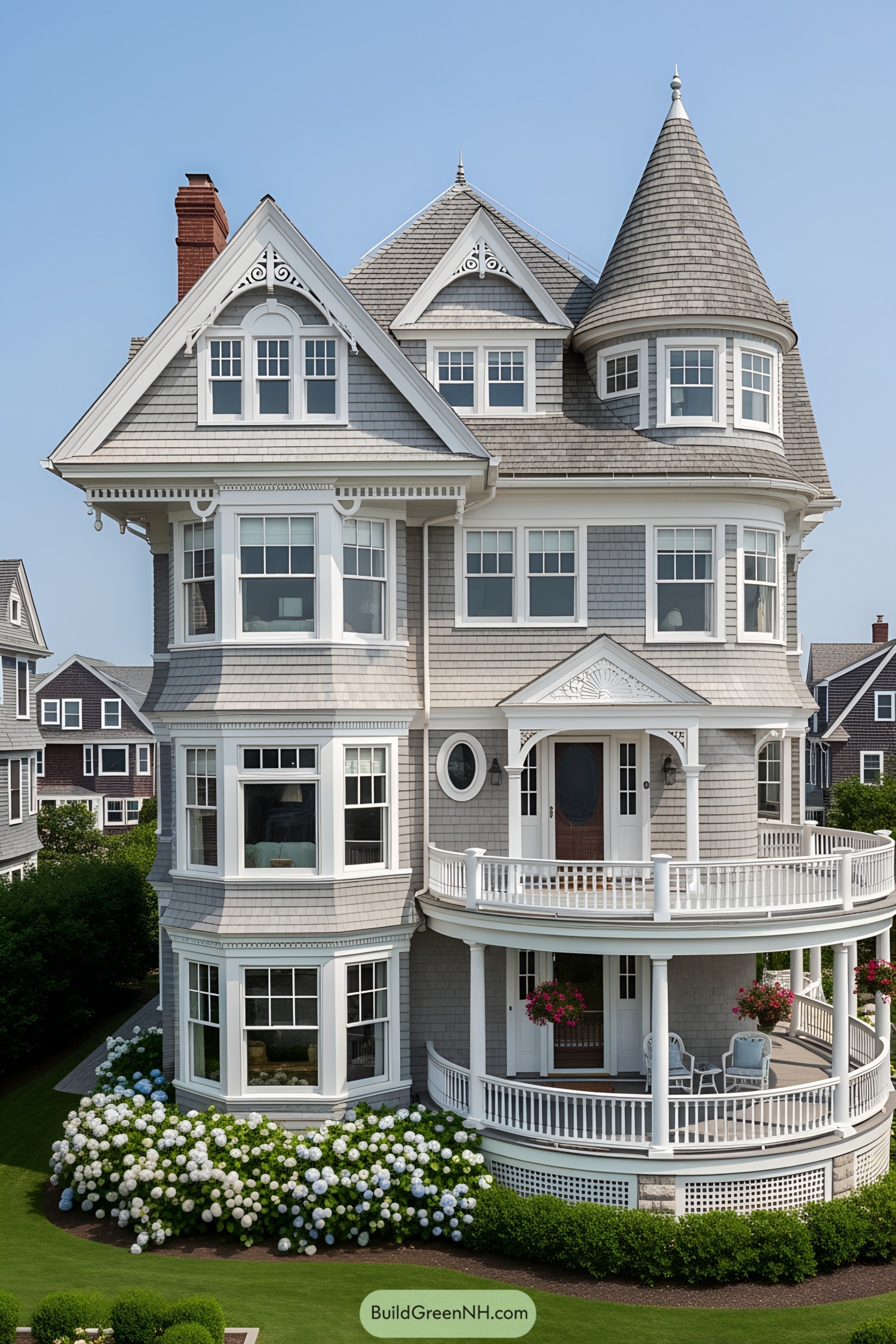 Elegant Victorian beach house with turrets and wraparound porch
