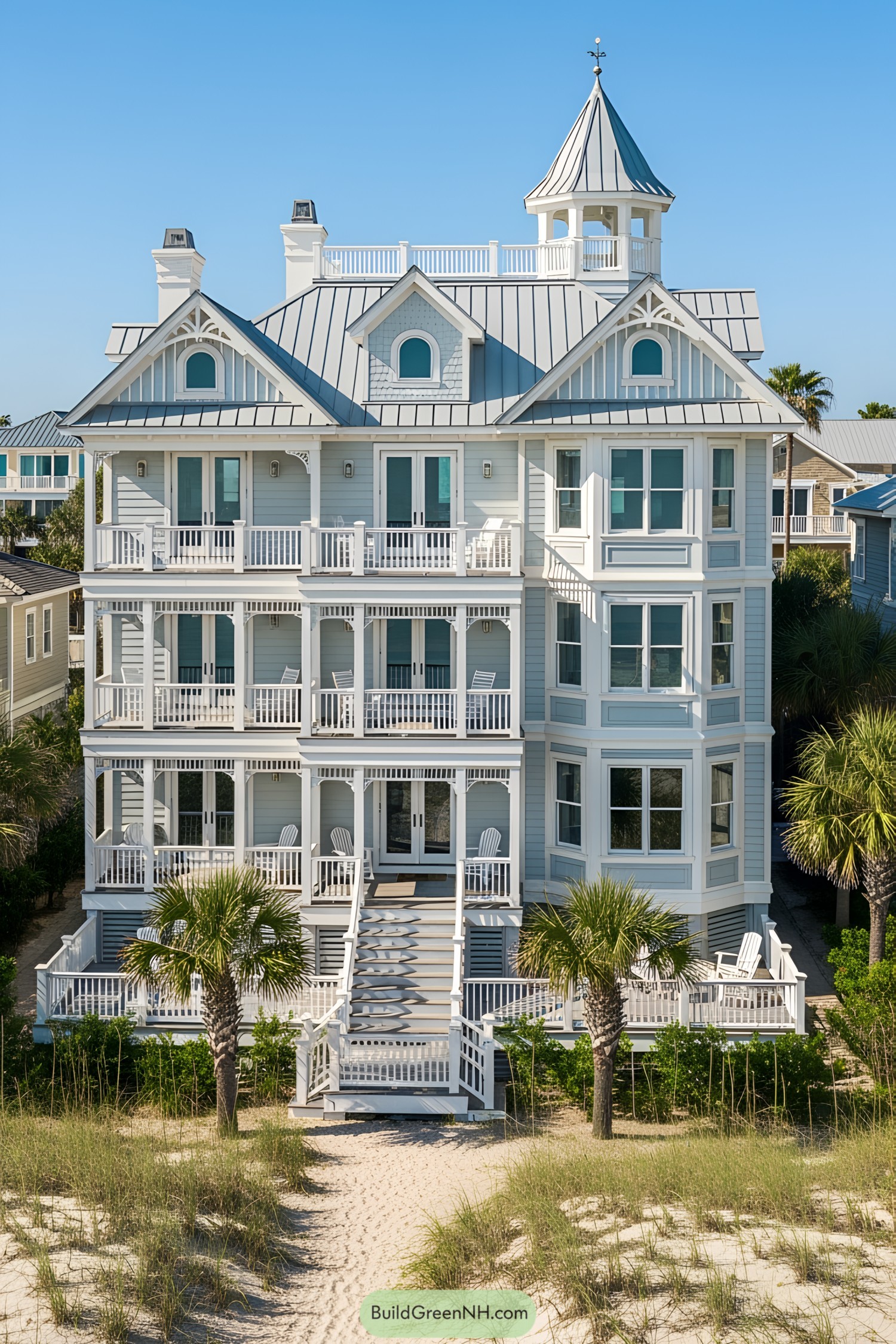 Elegant multi-story beach house with a turret