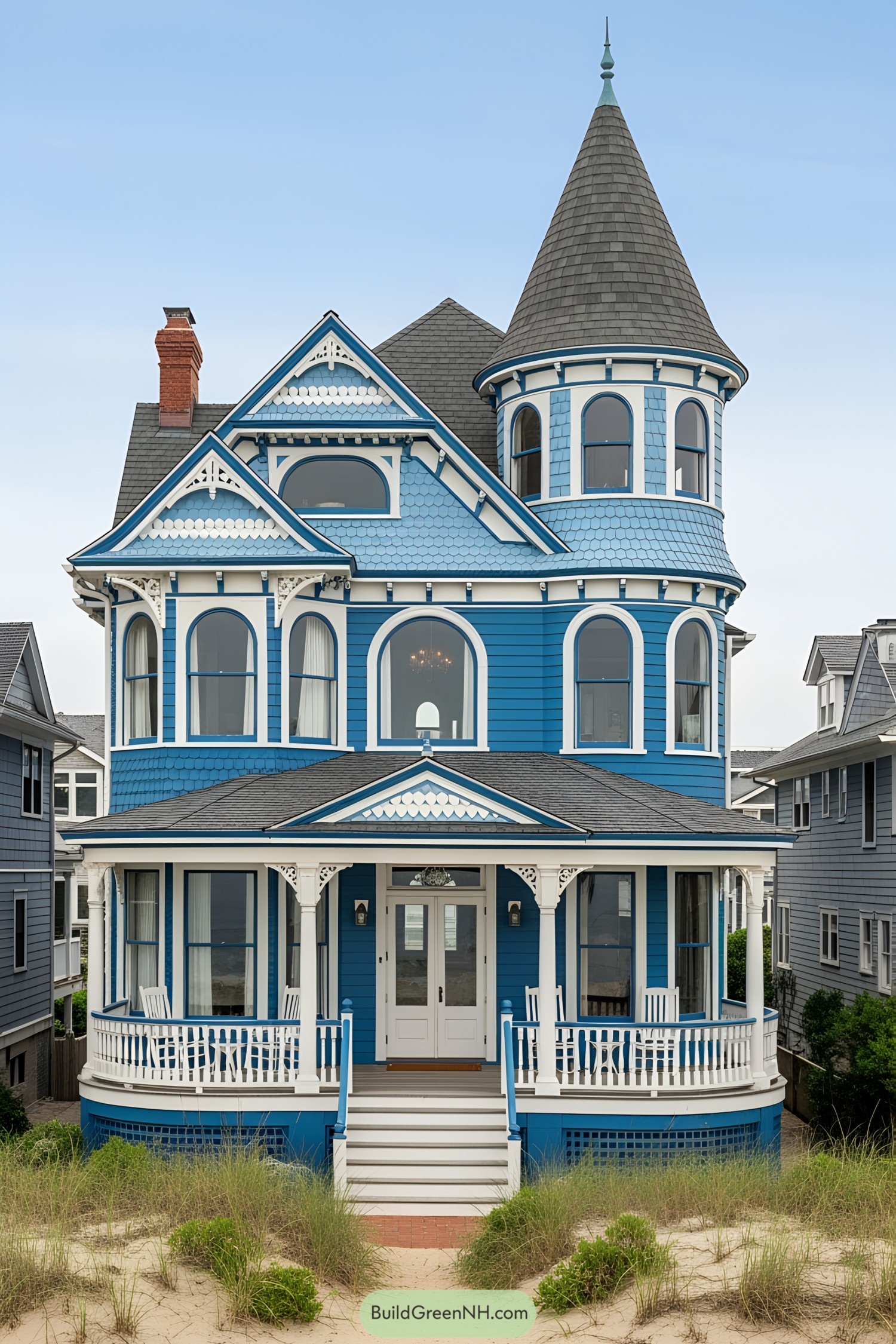 Victorian beach house with a tower and porch