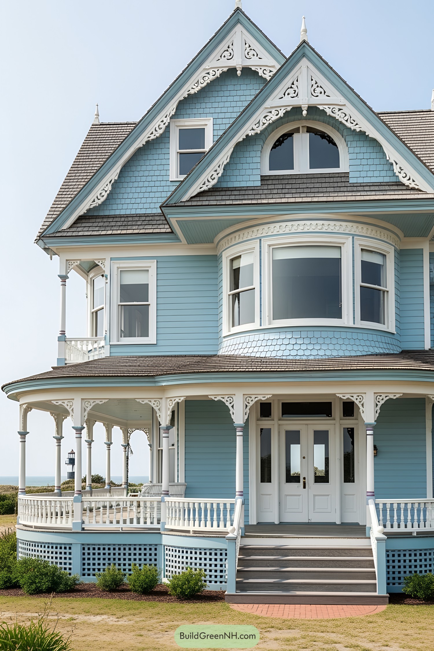 Bright blue Victorian-style beach house with ornate white trim