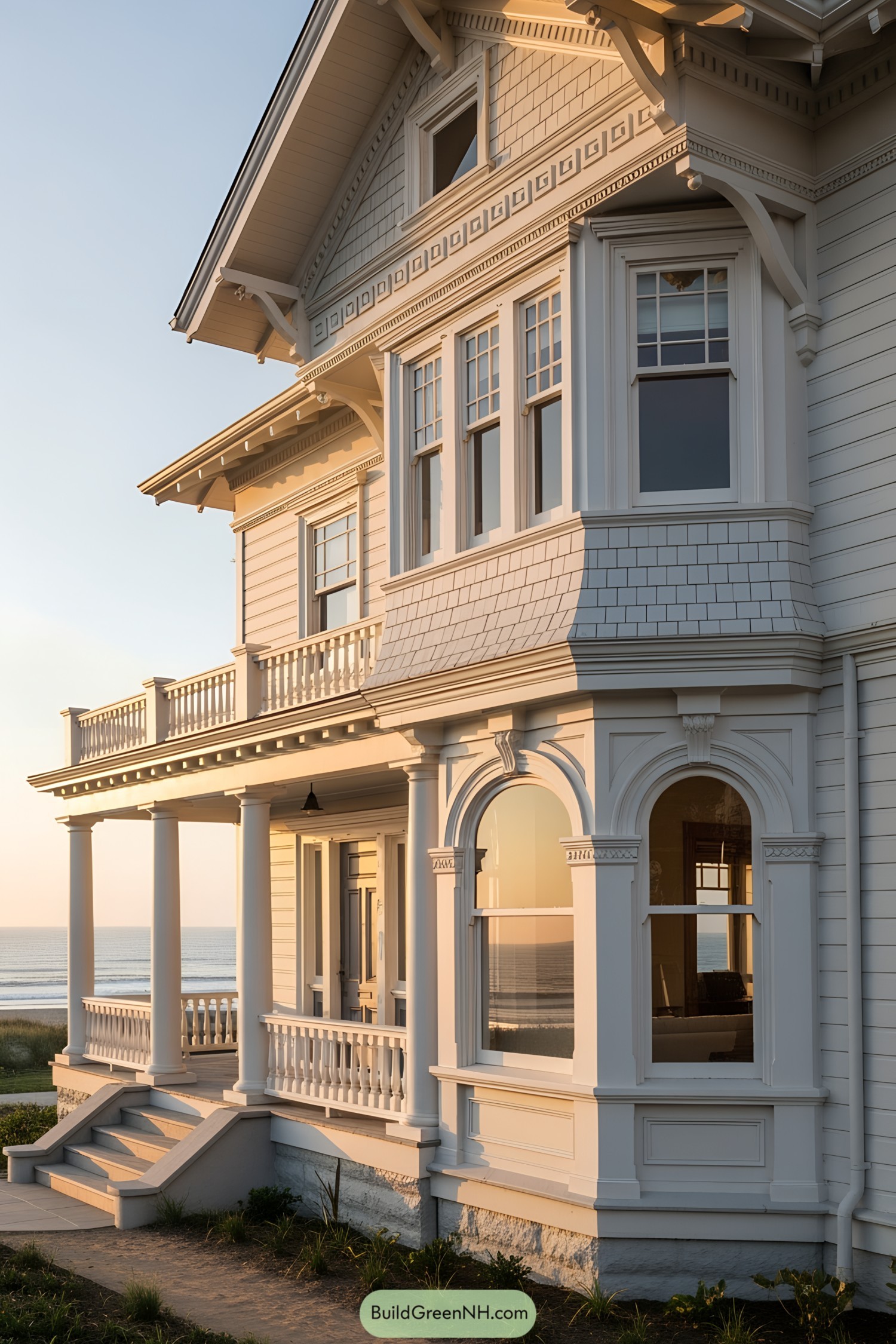 Victorian-style beach house with grand porch and ocean view