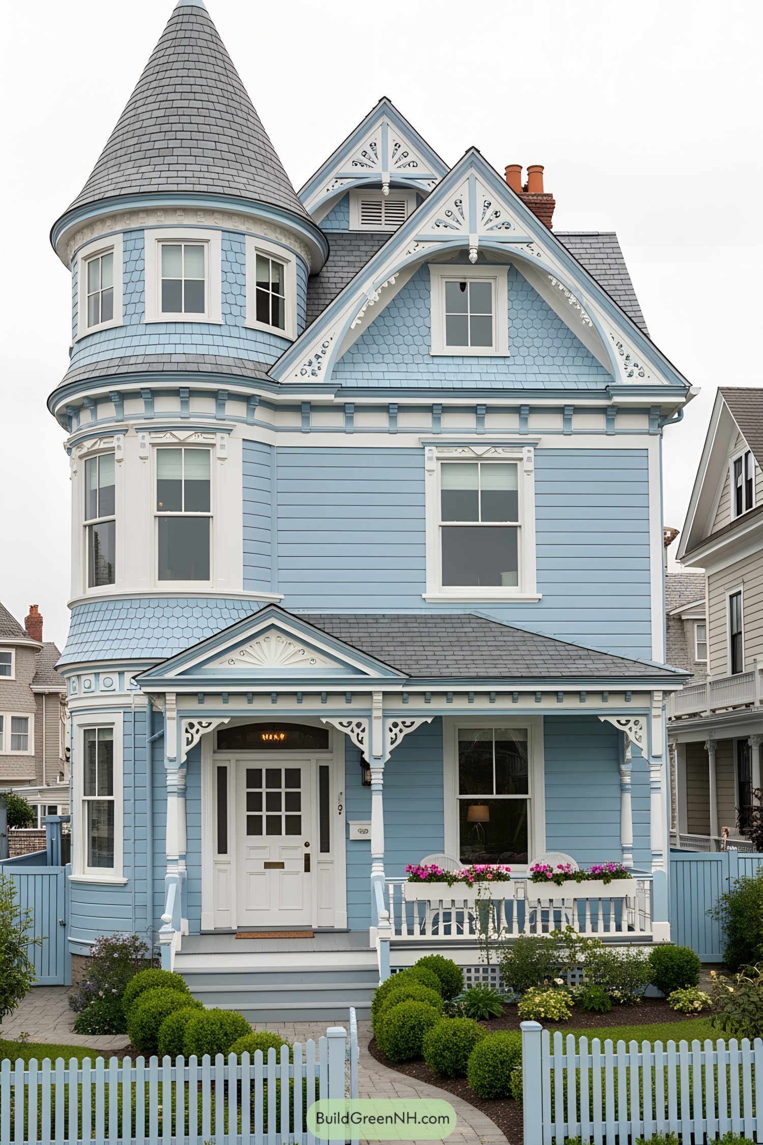 A Victorian-style house with a turret and intricate trim