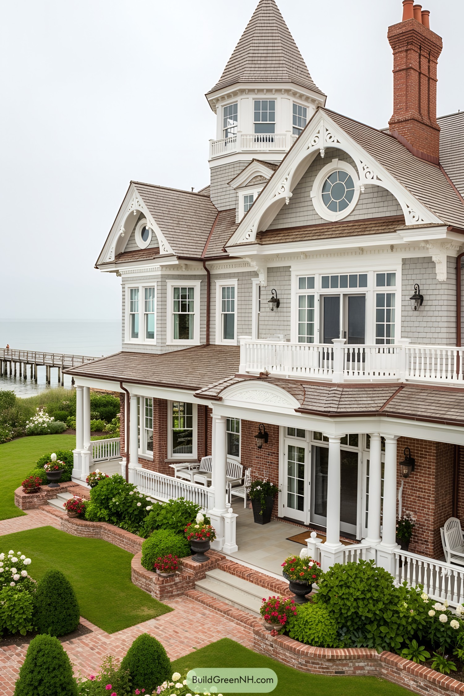 Victorian beach house with a turret and lush garden