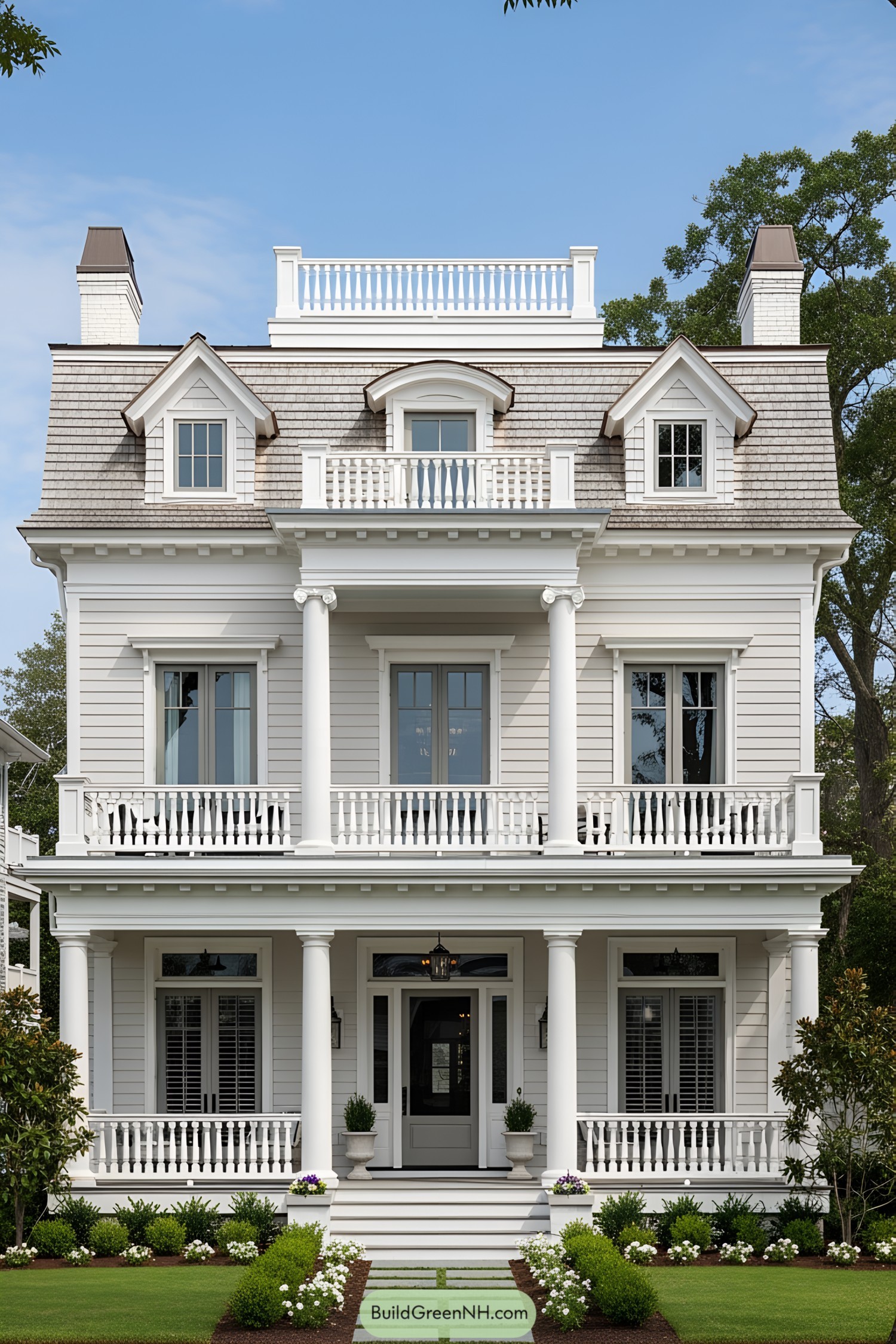 Two-story Victorian house with a wooden balcony and manicured garden