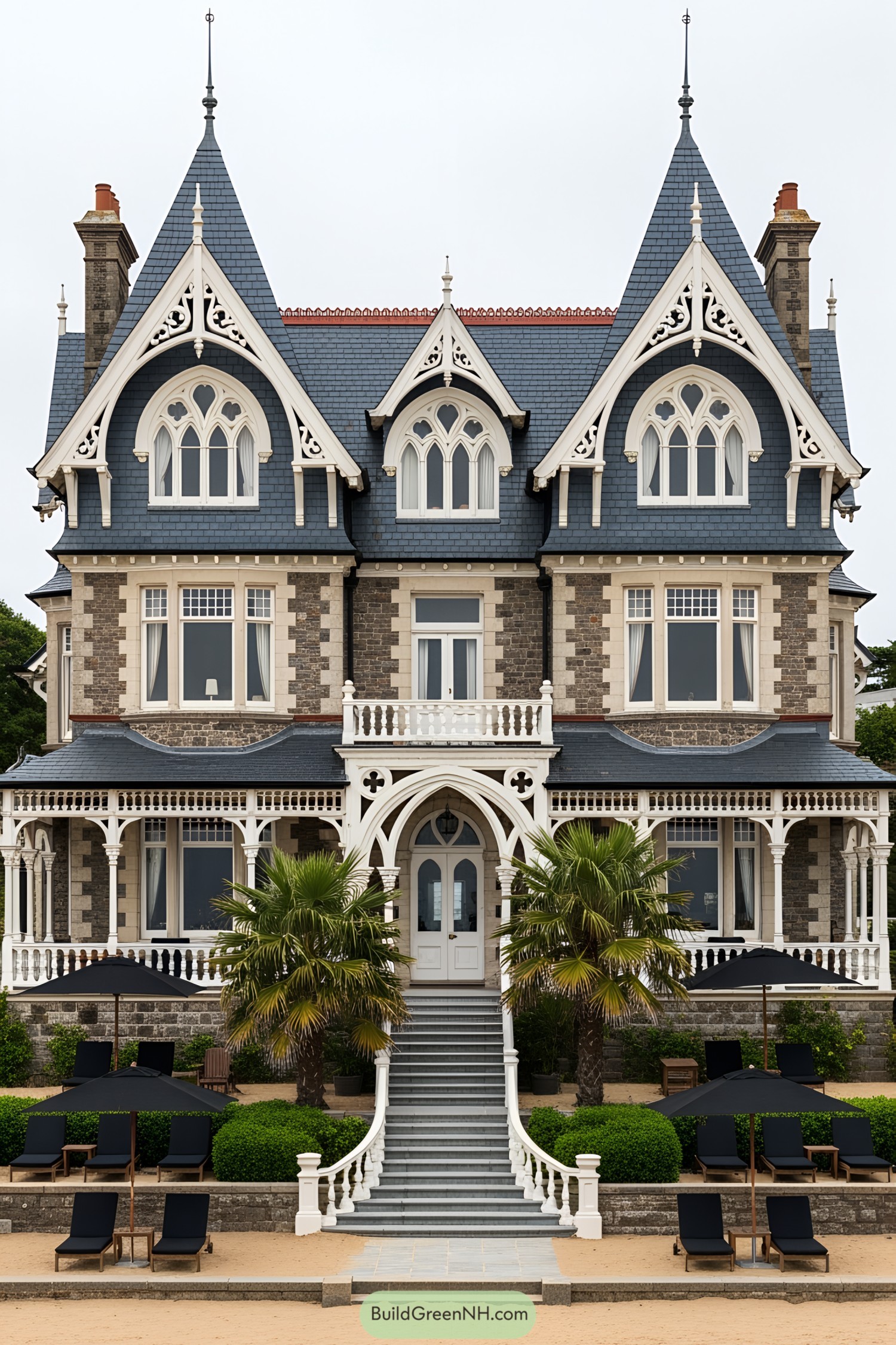 Victorian beach house with ornate gables and palm trees