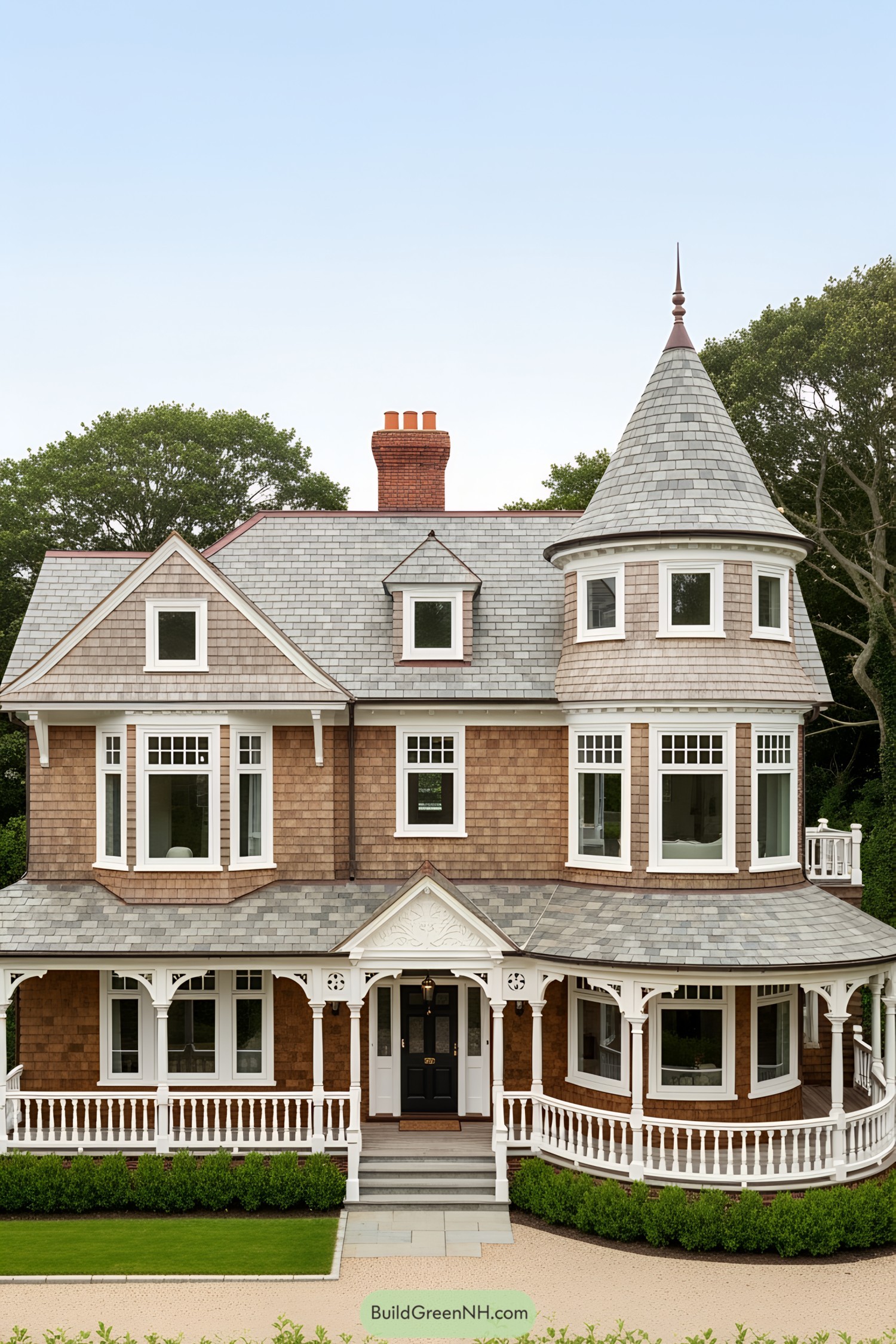 Ornate Victorian house with turret and wraparound porch