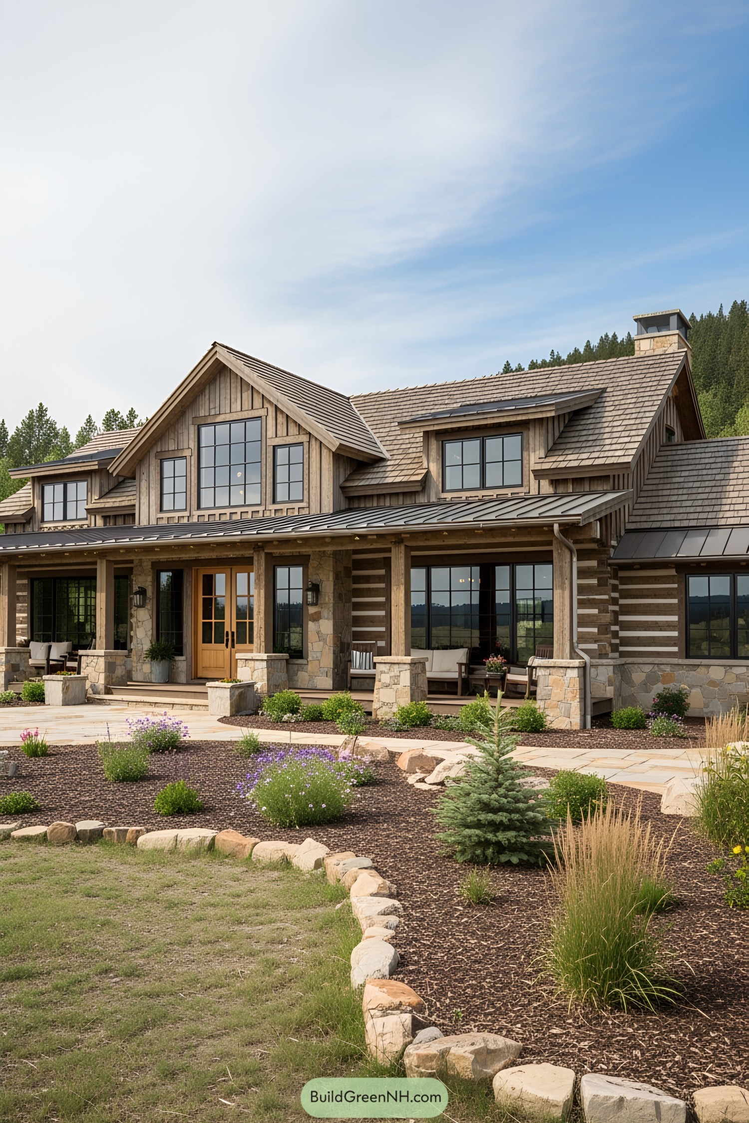 Western-style ranch house with stone and wood design