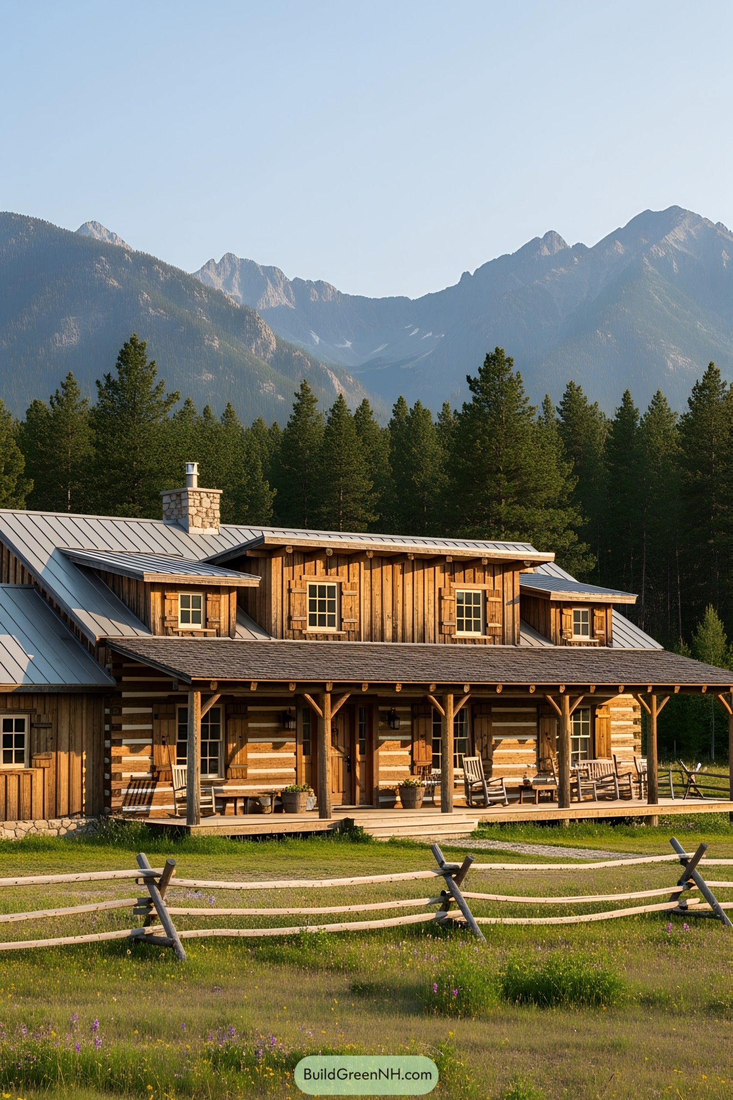 Rustic ranch house with mountains and trees