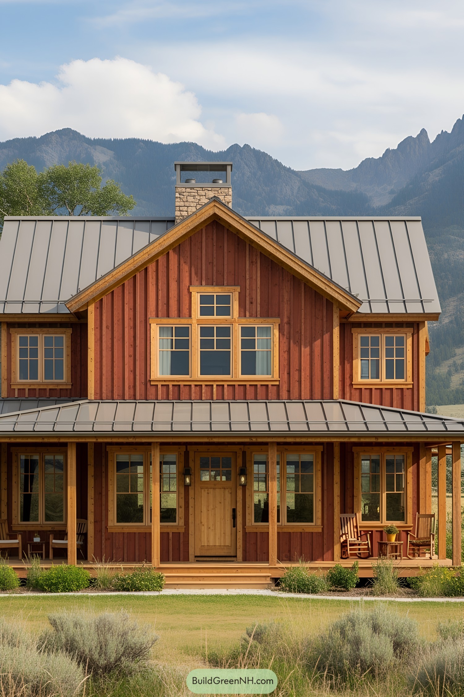 Red ranch house with gray roof and mountain backdrop