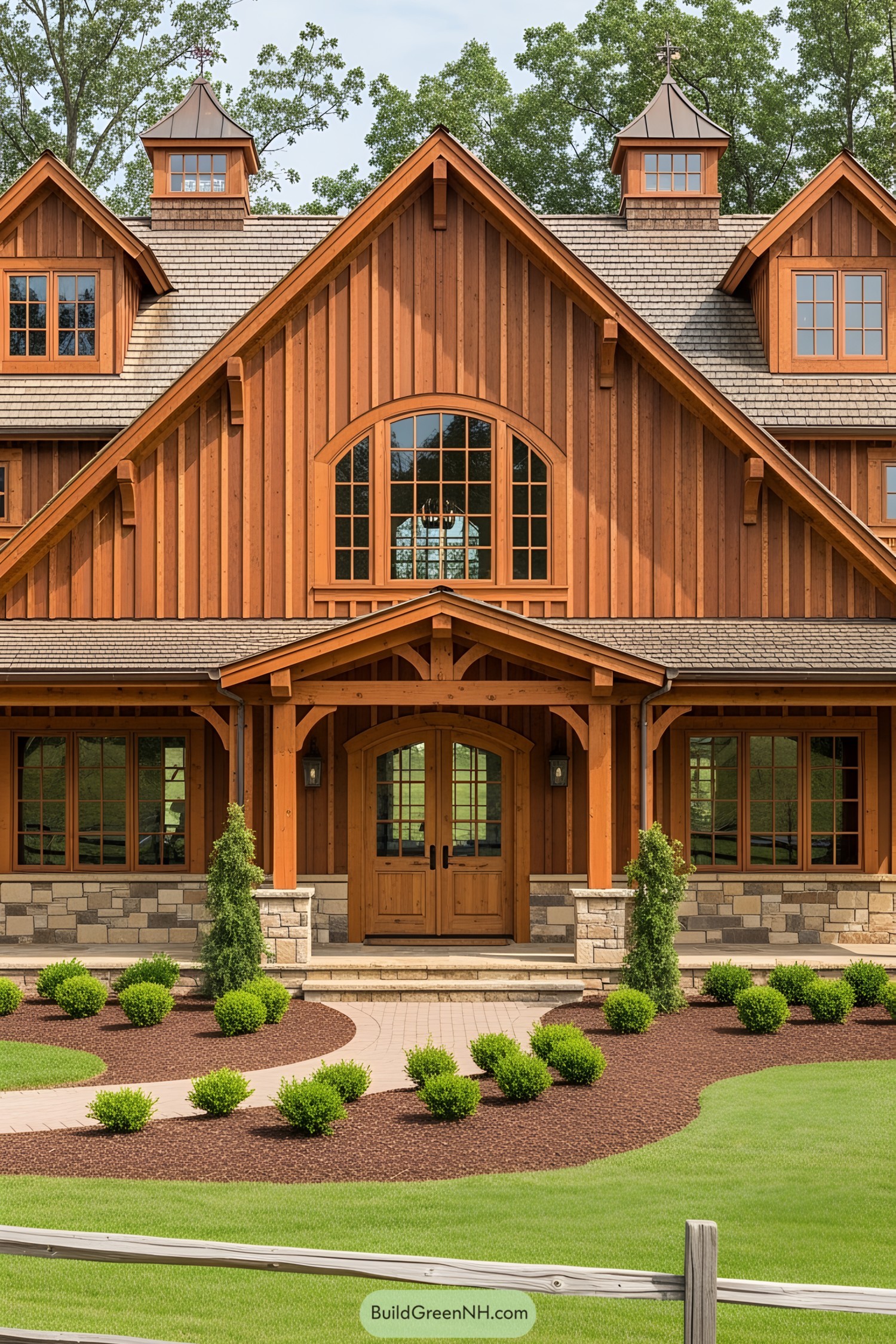 Beautiful wooden ranch house with stone accents