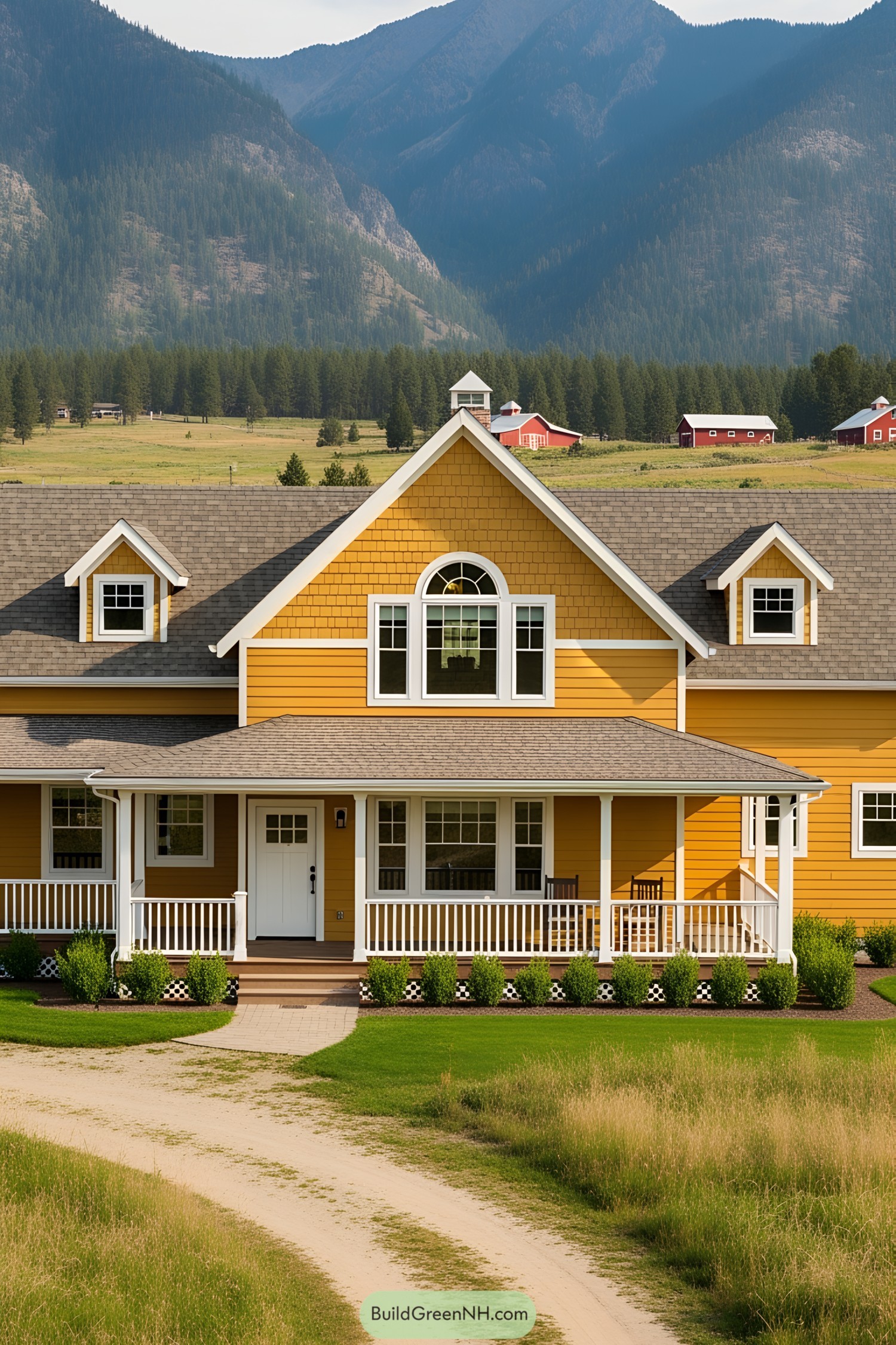 Yellow ranch house with white trim against mountain backdrop