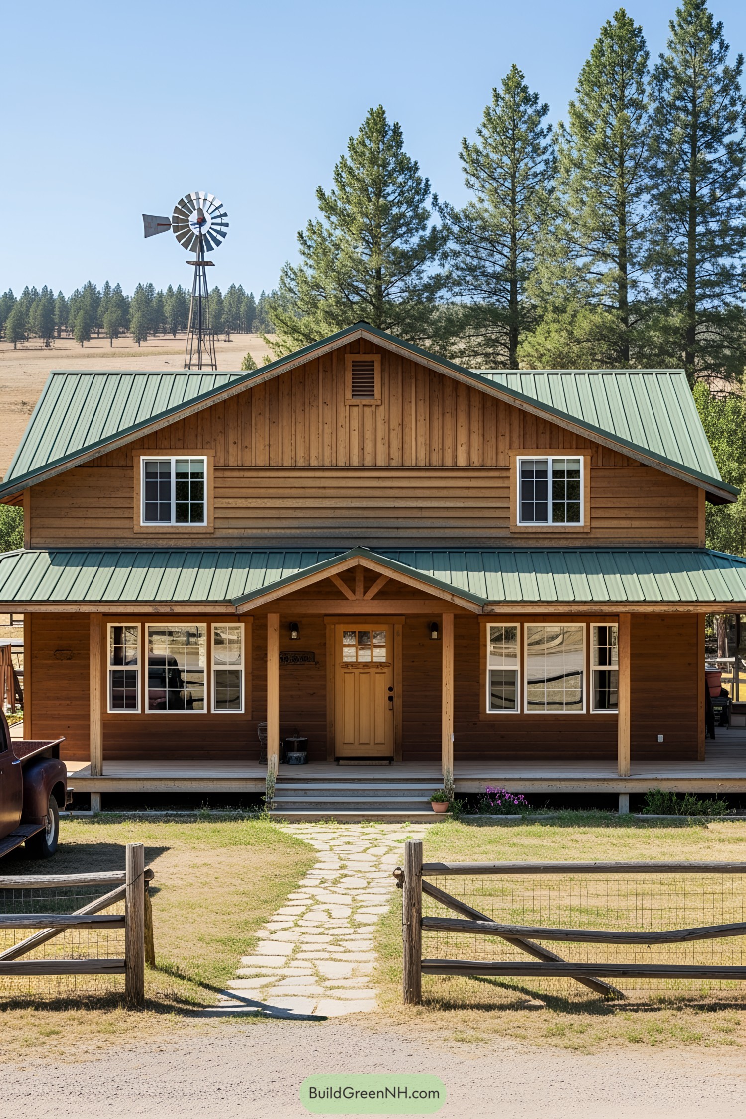 Wooden ranch house with green metal roof and windmill behind