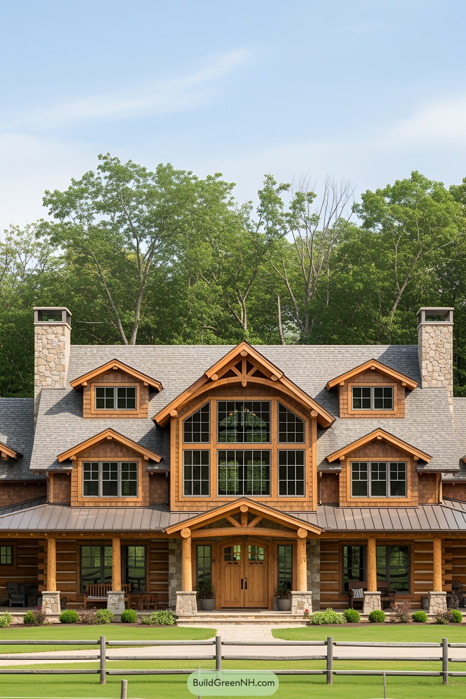 Wood and stone ranch house surrounded by trees
