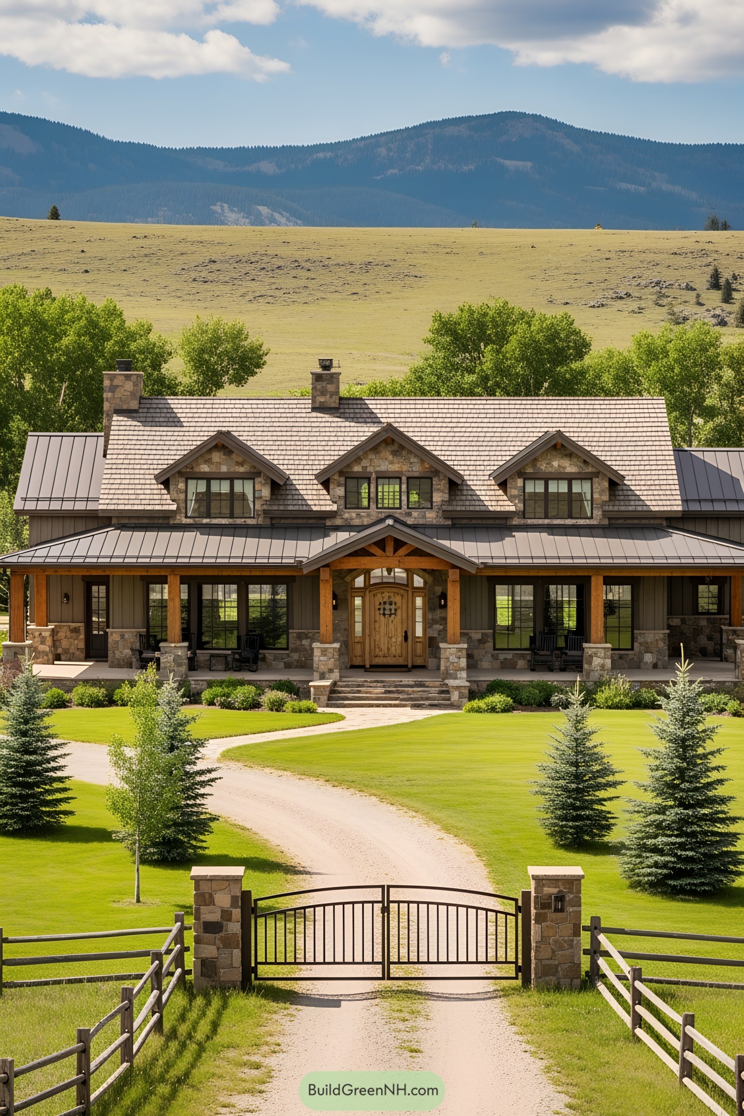Sprawling ranch house with extensive porch and manicured lawn