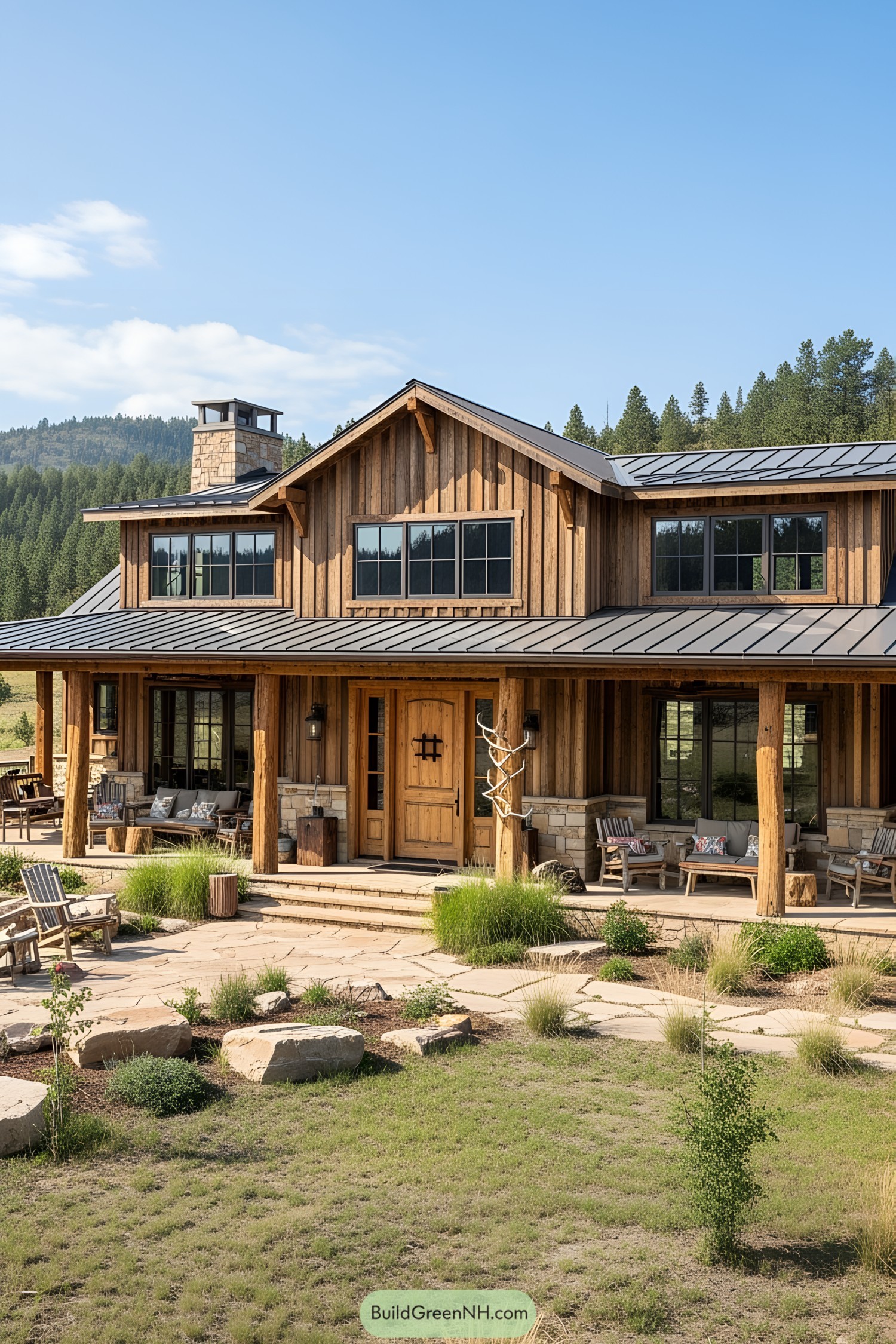Wooden ranch house with a porch and rustic touches