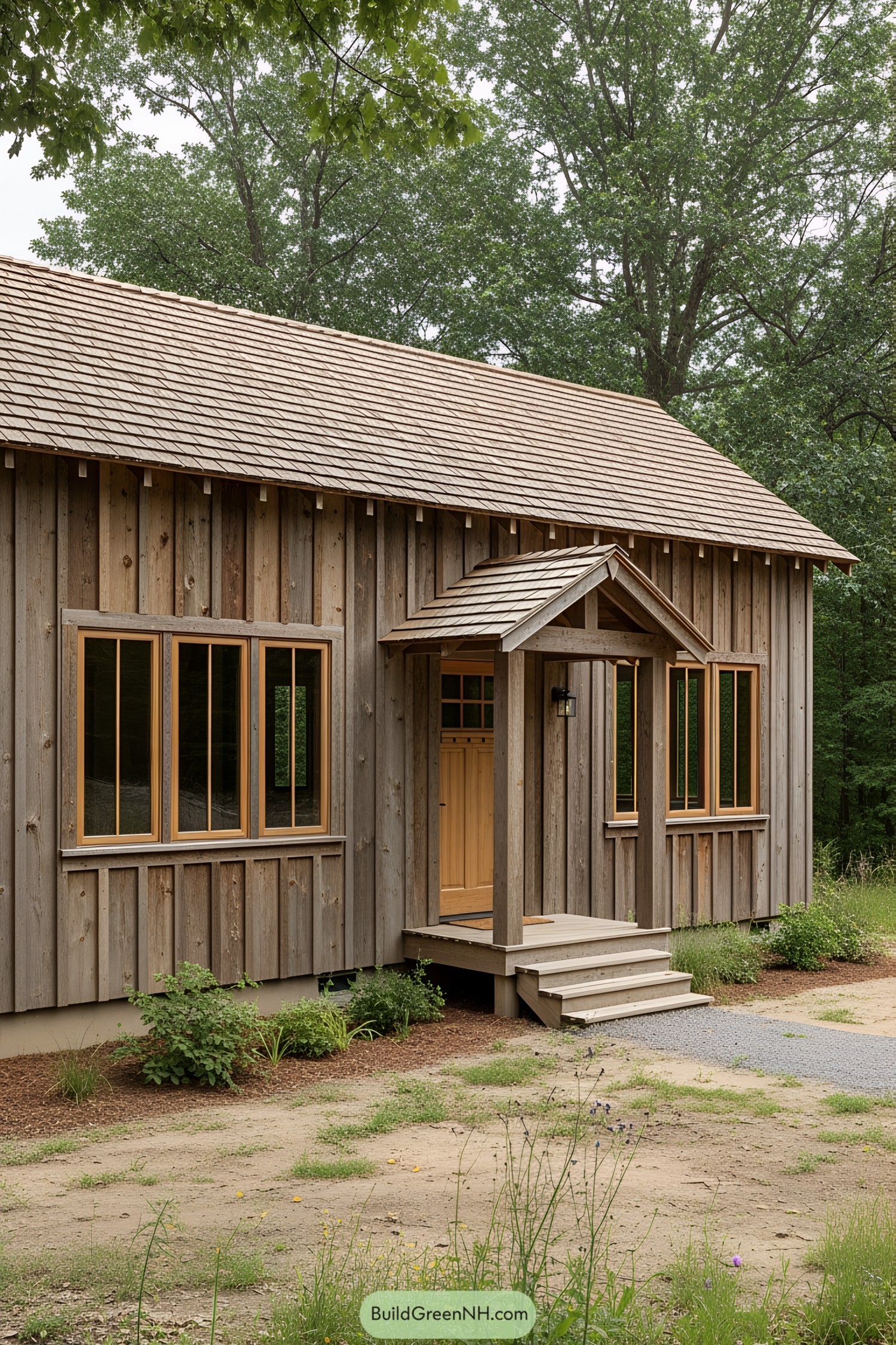 Wooden cabin with a quaint front porch in a forest setting
