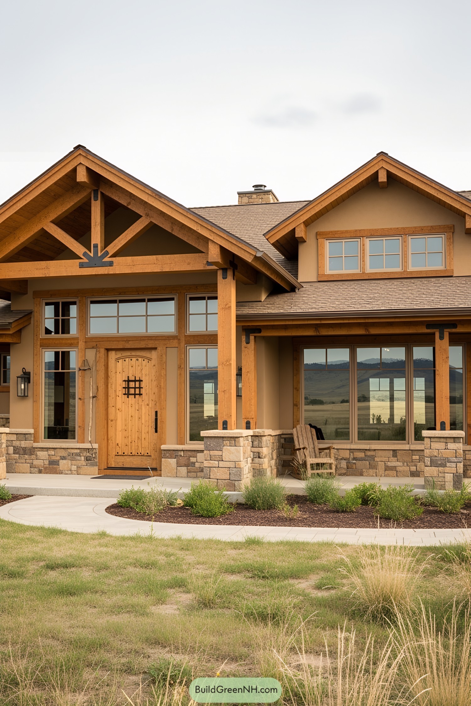 Ranch house with wooden beams and stone accents