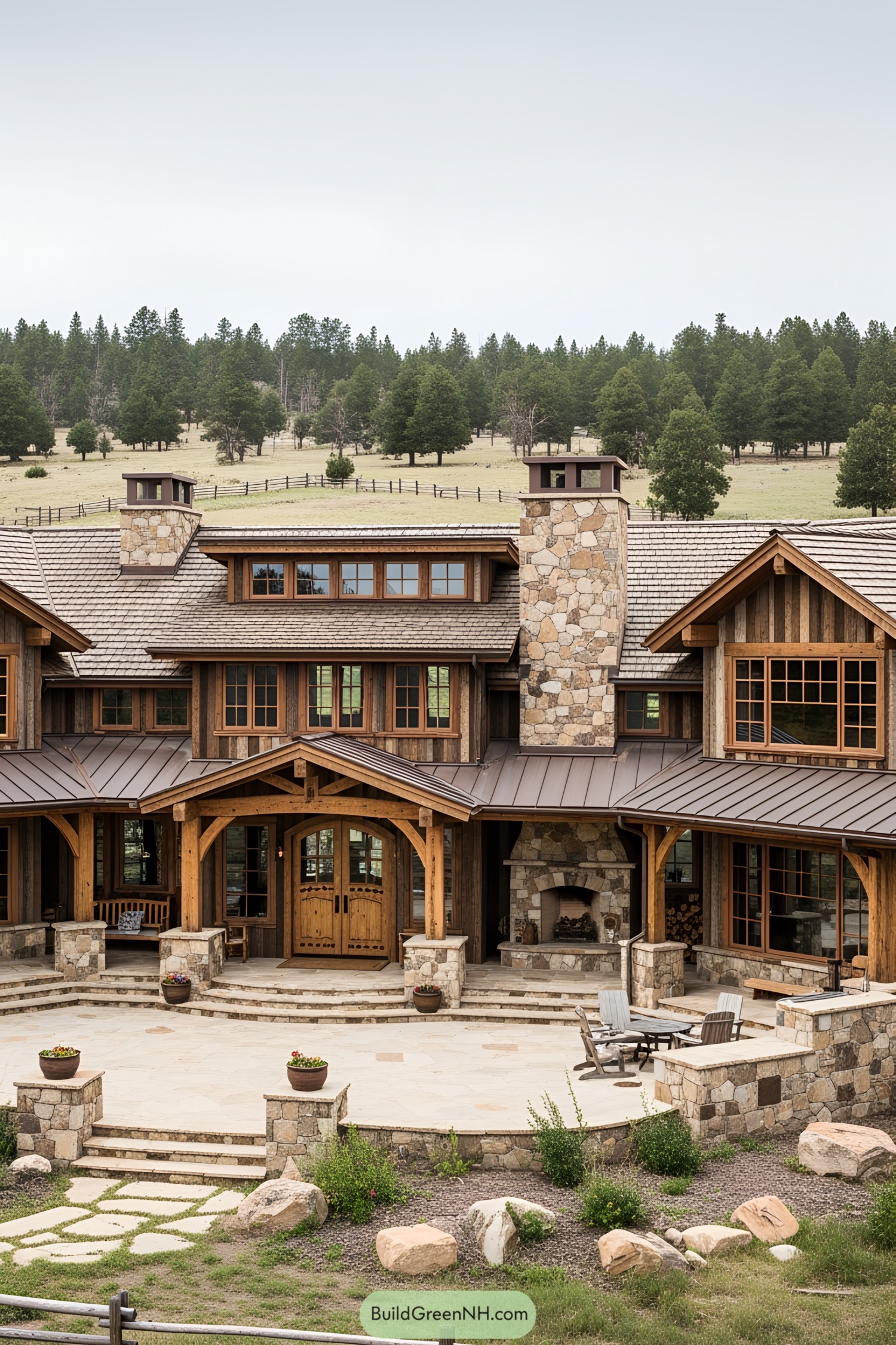 Ranch house with stone and wood exterior surrounded by trees