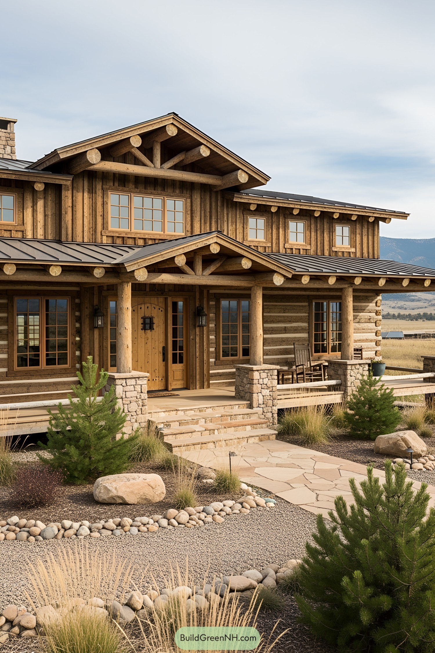 Rustic ranch house with round log beams