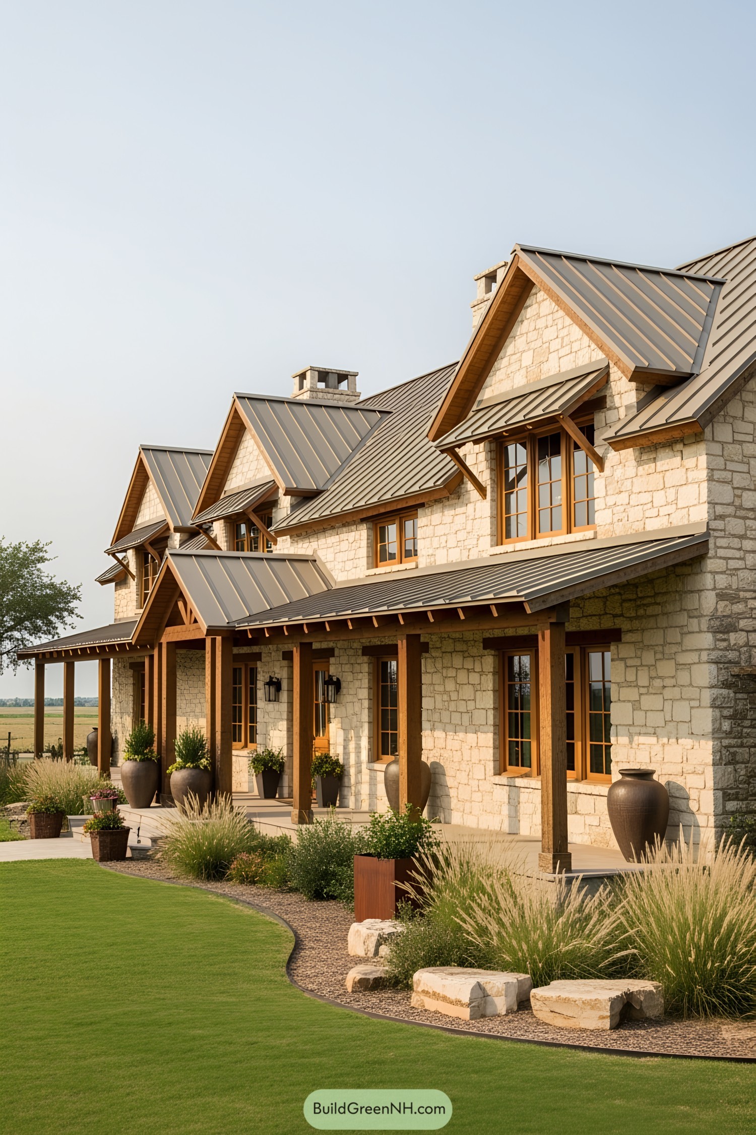Modern ranch house with stone facade and metal roof