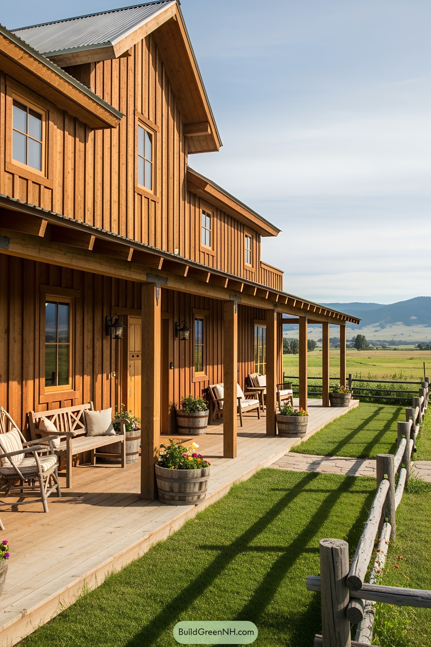 Wooden ranch house with a wide porch and barrel planters