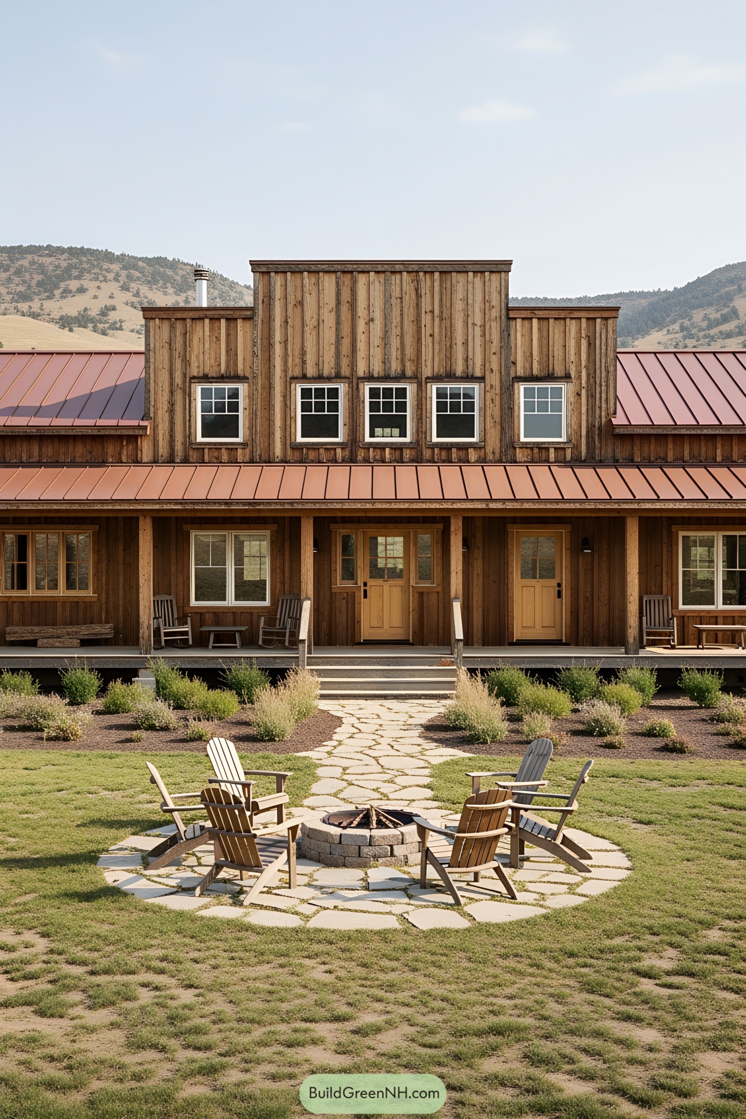 Charming wooden ranch house with a circular stone patio