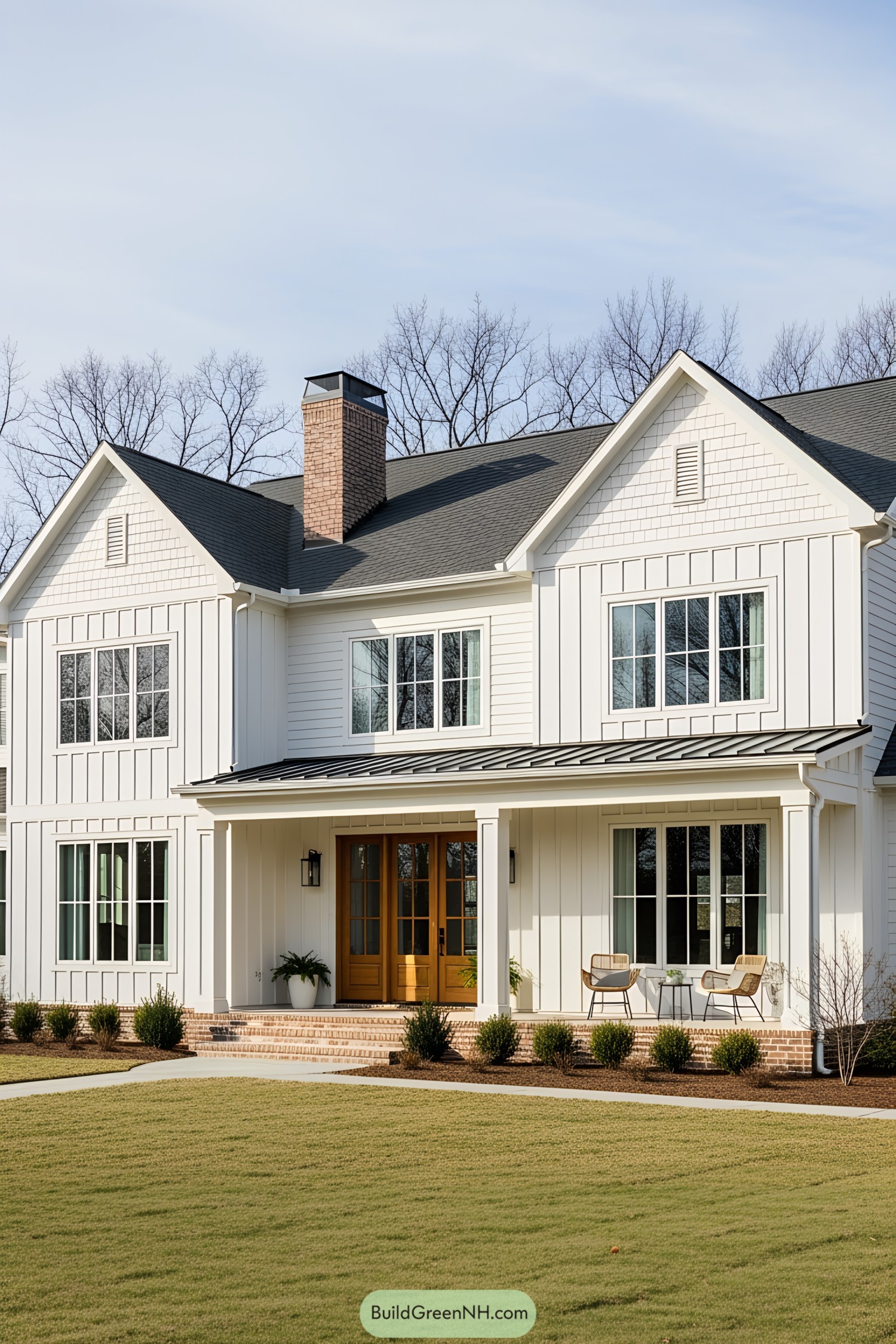 Minimalist white modern farmhouse with a charming entrance