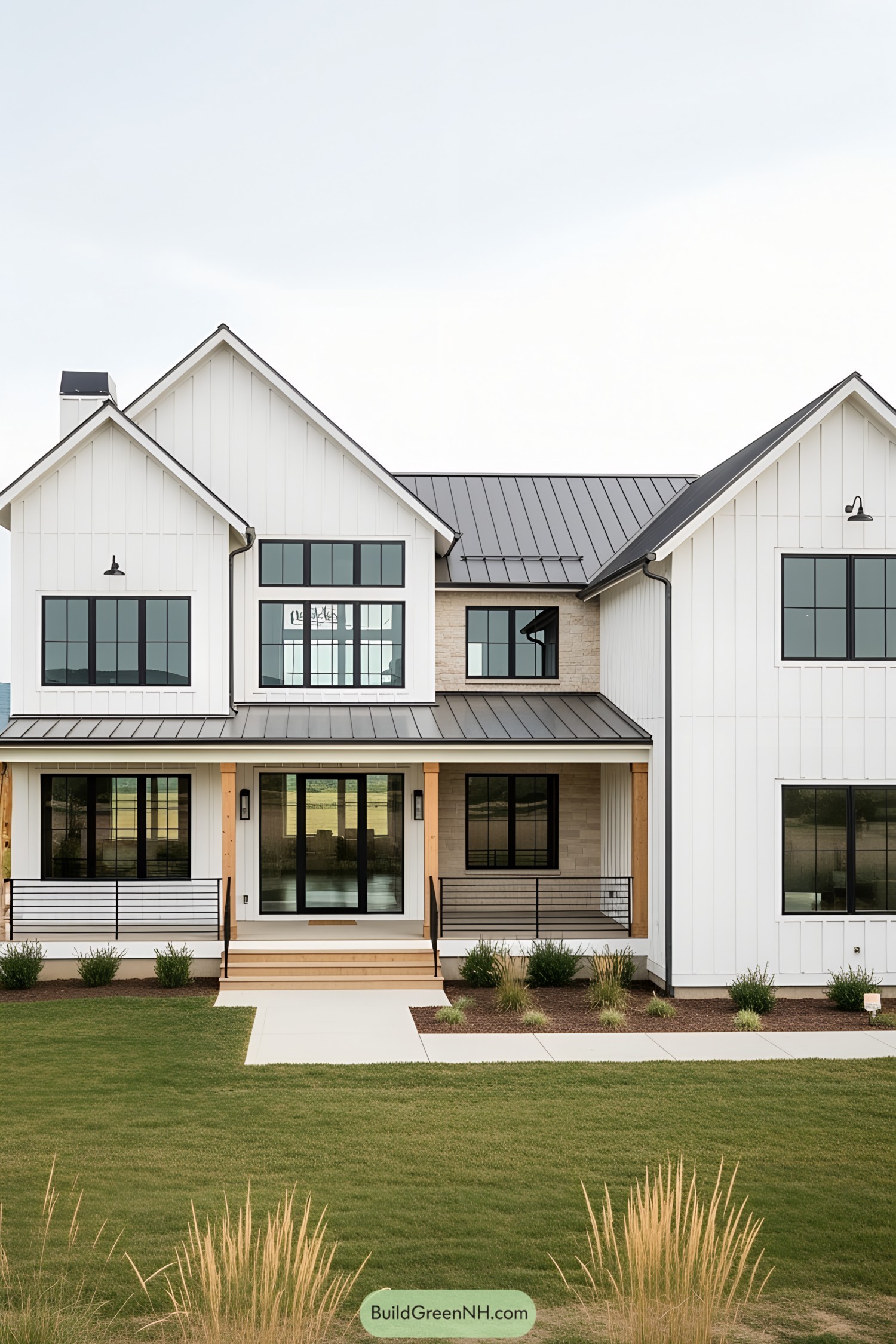 White modern farmhouse with a sleek metal roof and inviting porch