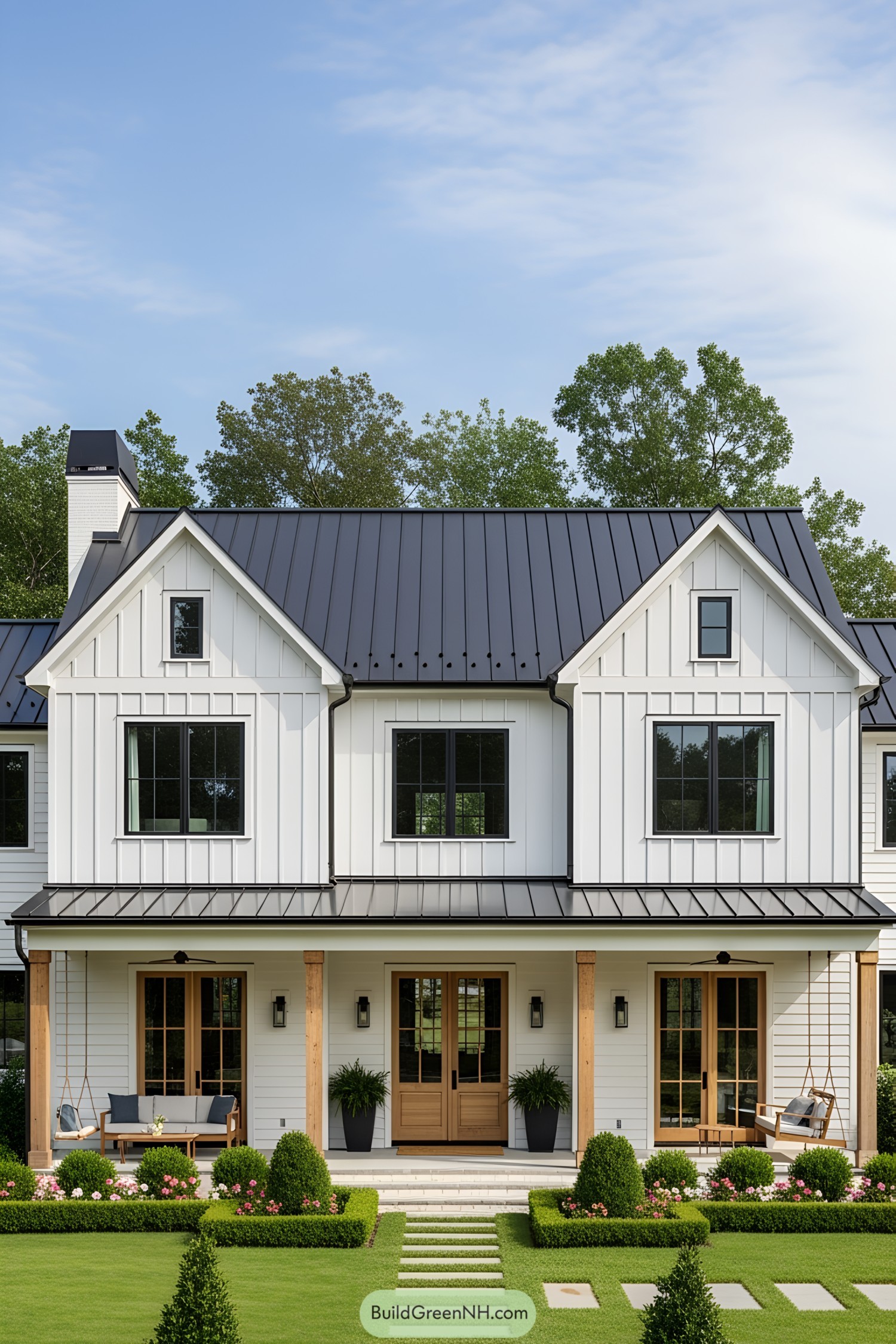 White farmhouse with black roof and wooden accents