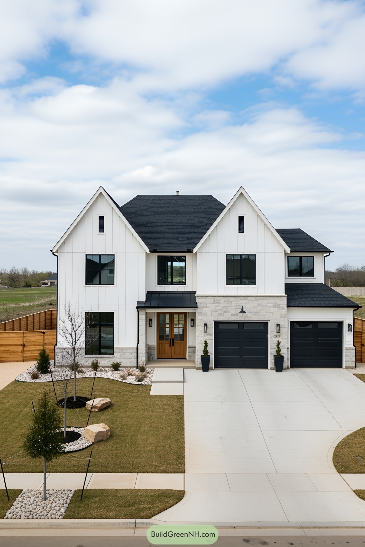 Modern white farmhouse with black details under a blue sky