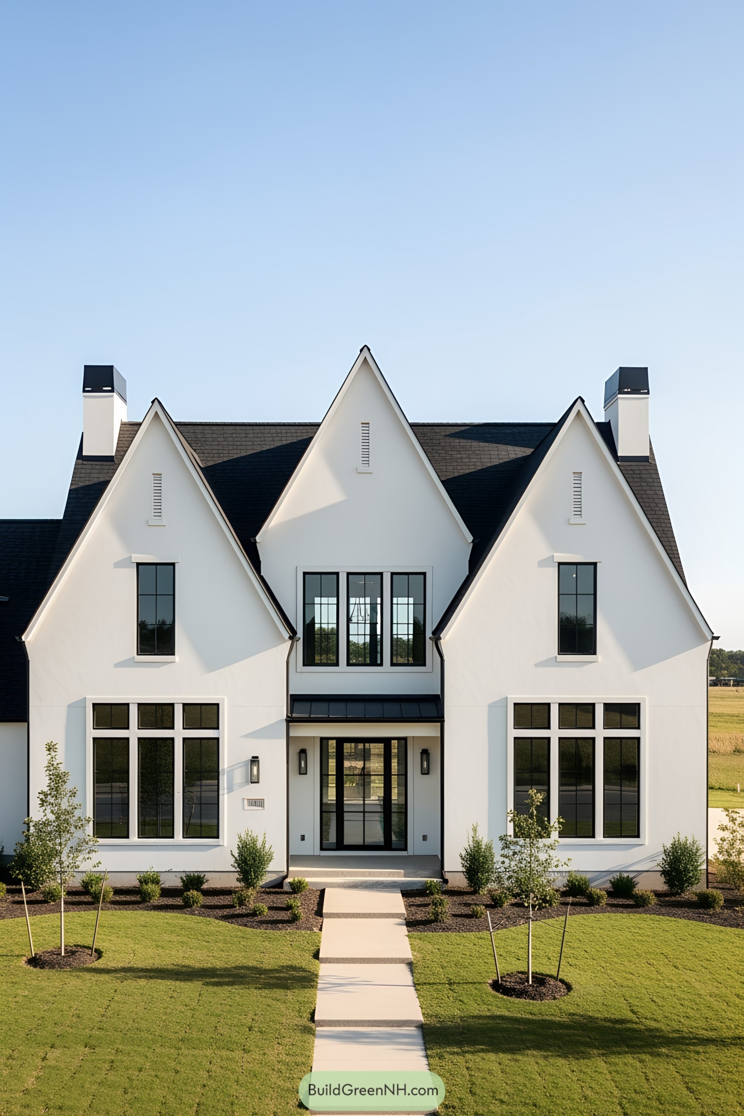 Modern white farmhouse exterior with sharp gables