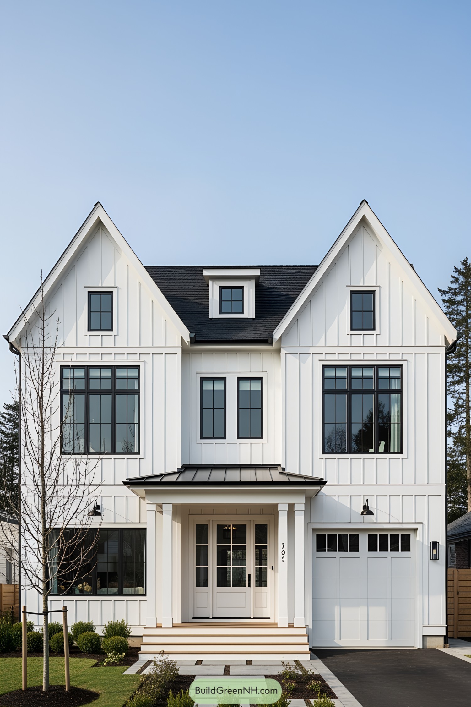 White modern farmhouse with black accents