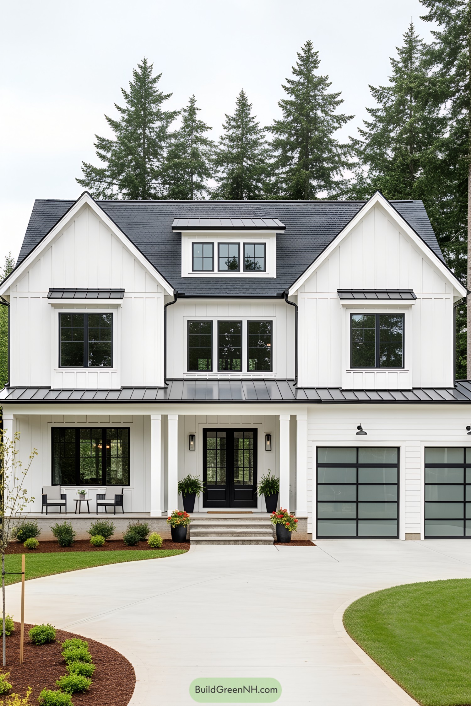 Modern white farmhouse with black accents and lush surroundings