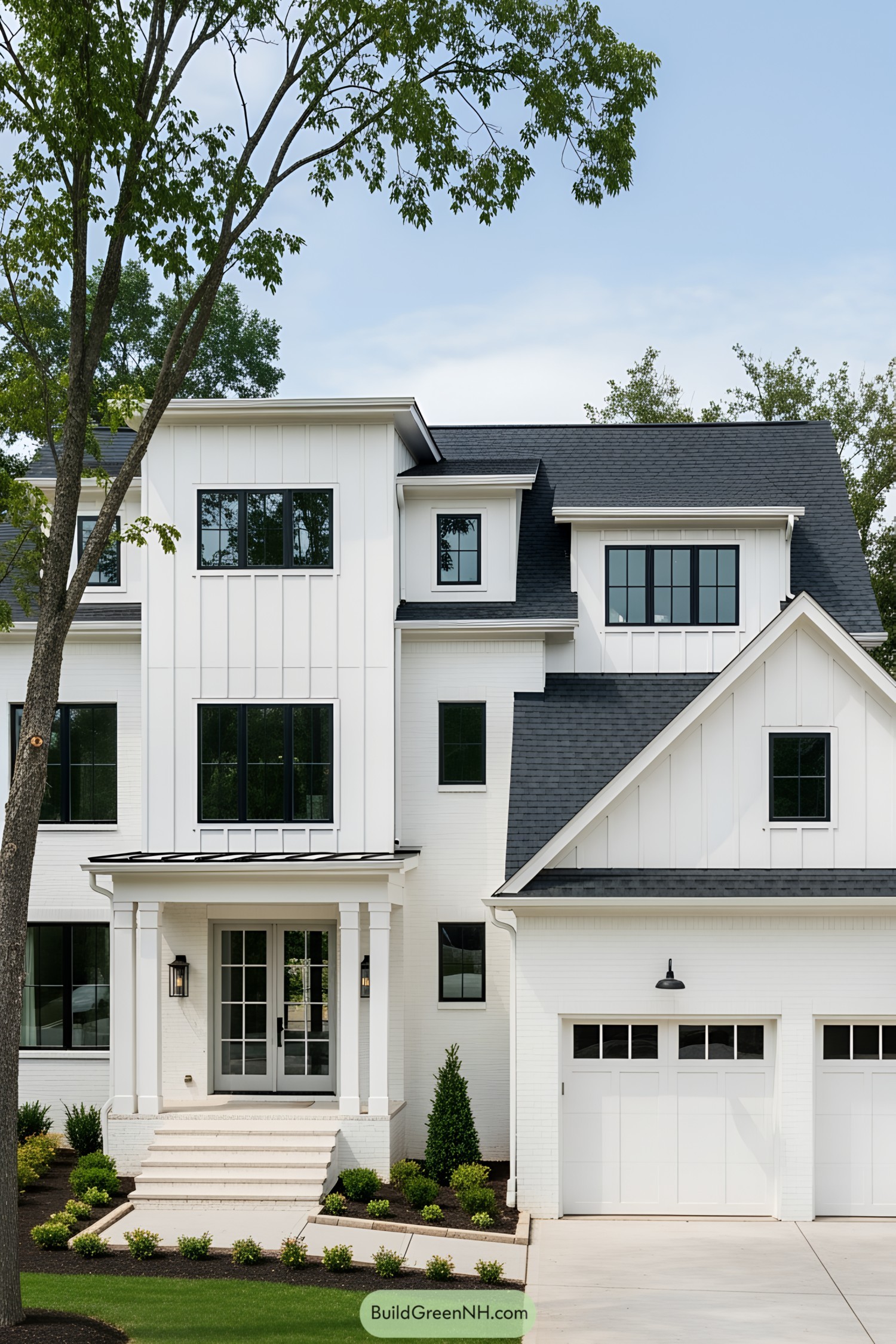 Sleek white farmhouse with black accents