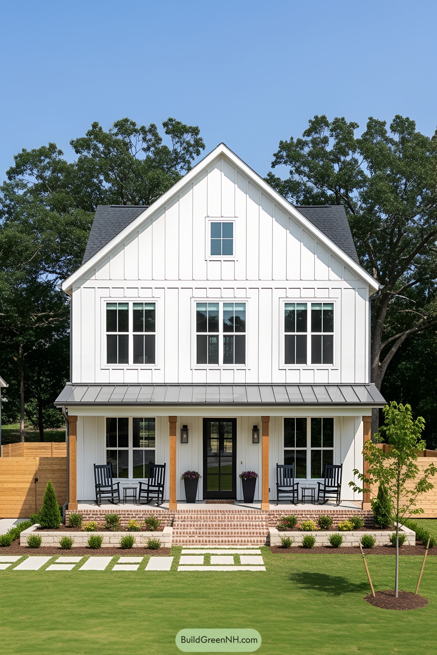 White modern farmhouse with lush green lawn