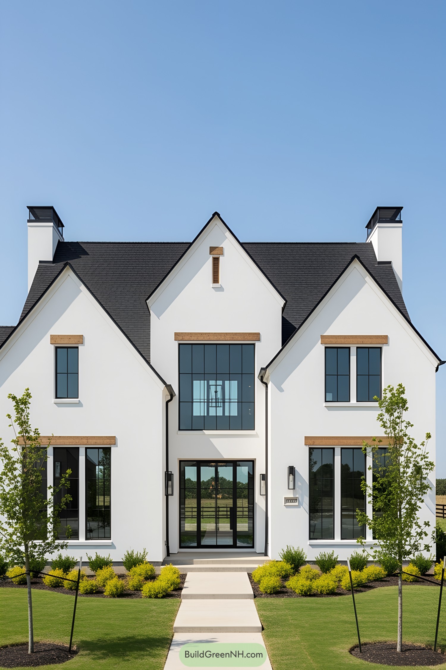 White farmhouse with black roof under clear blue sky